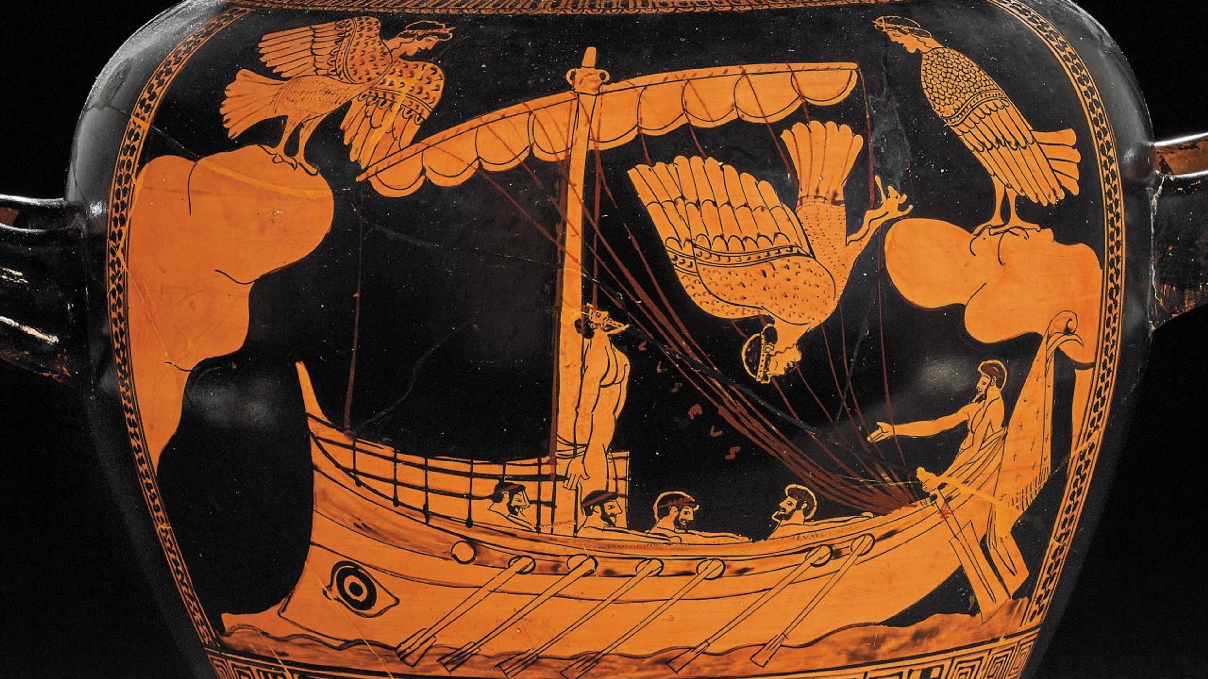 Ancient Greek vase with red figure painting depicting a ship and mythological scene against a black background.