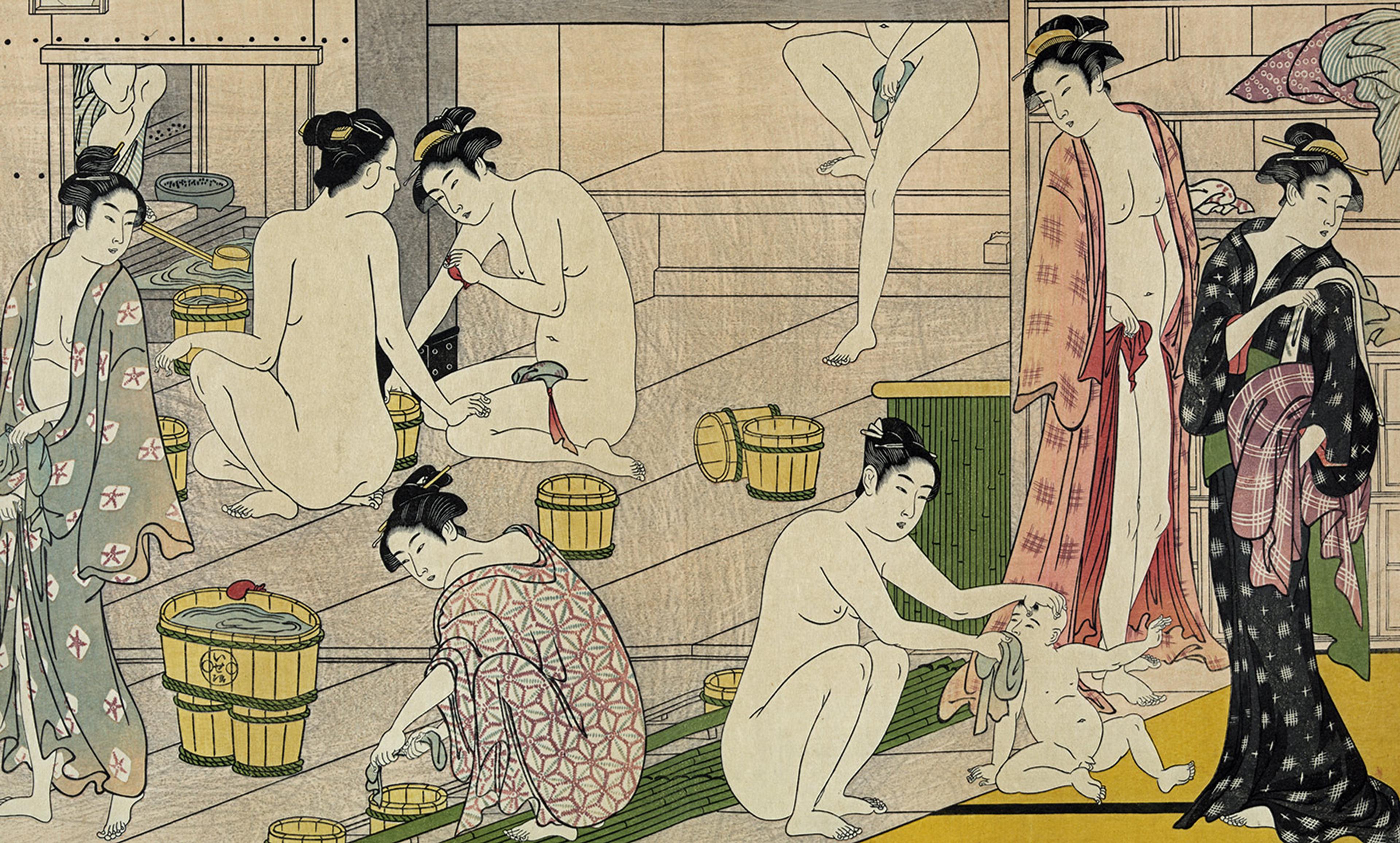 <p>Detail from <em>Bathhouse Women</em> by Torii Kiyonaga, 1752-1815. <em>Library of Congress</em></p>