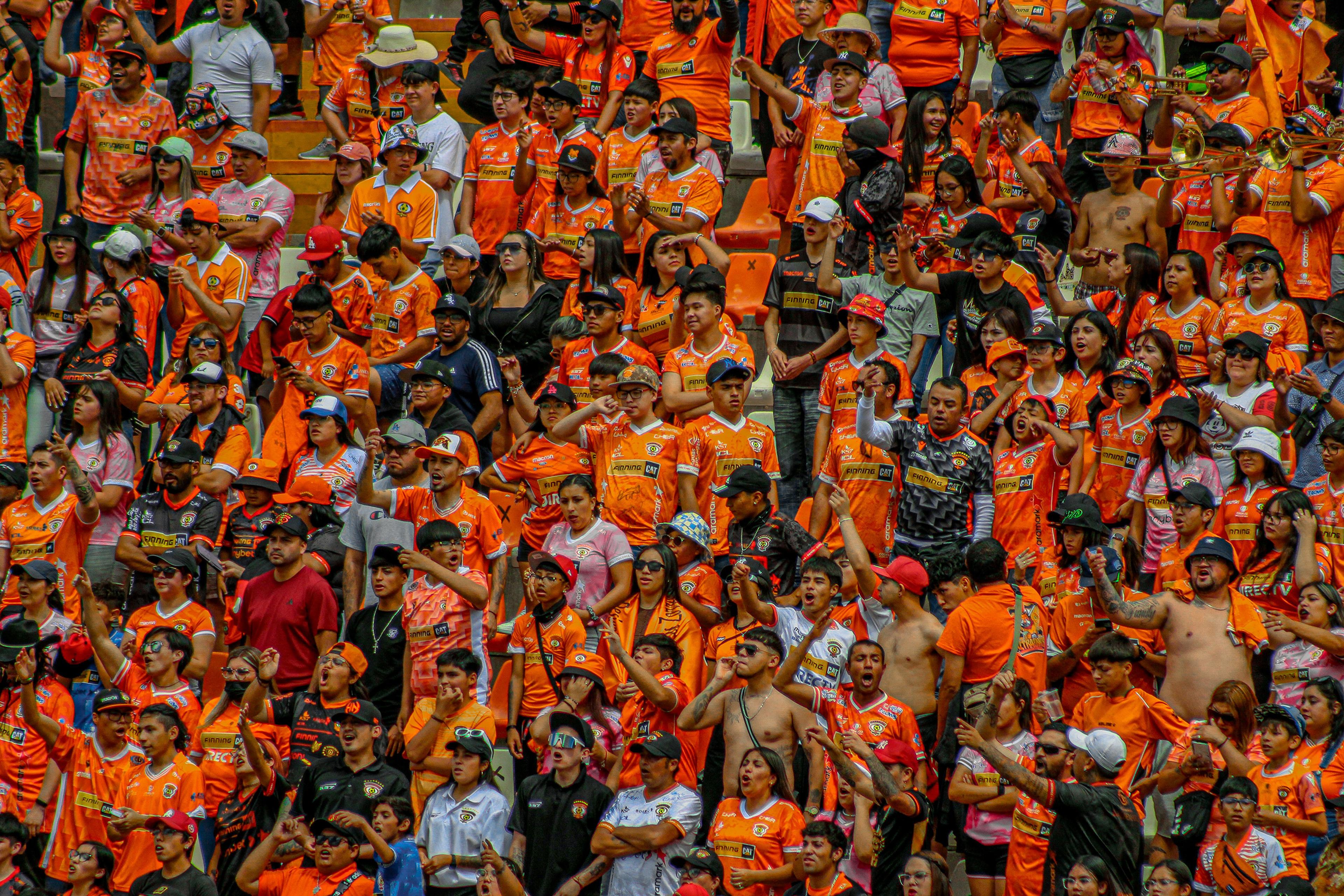 An excited crowd in orange shirts cheering at a sports event, showing diverse fans in a stadium atmosphere.