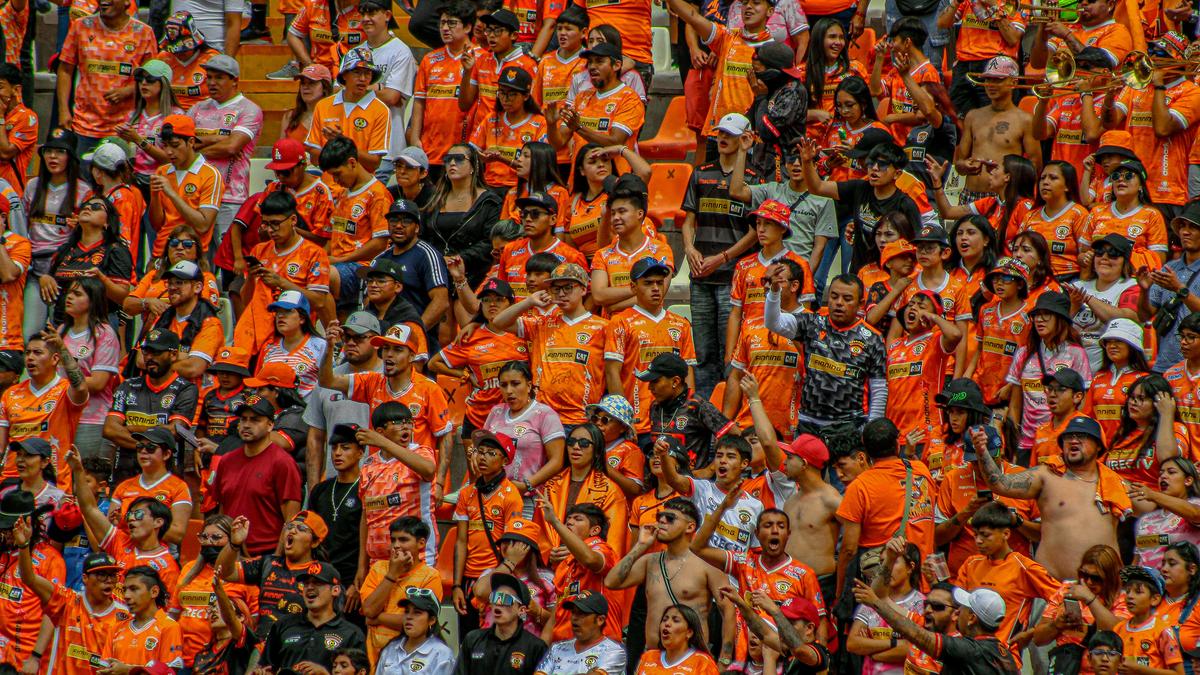 An excited crowd in orange shirts cheering at a sports event, showing diverse fans in a stadium atmosphere.