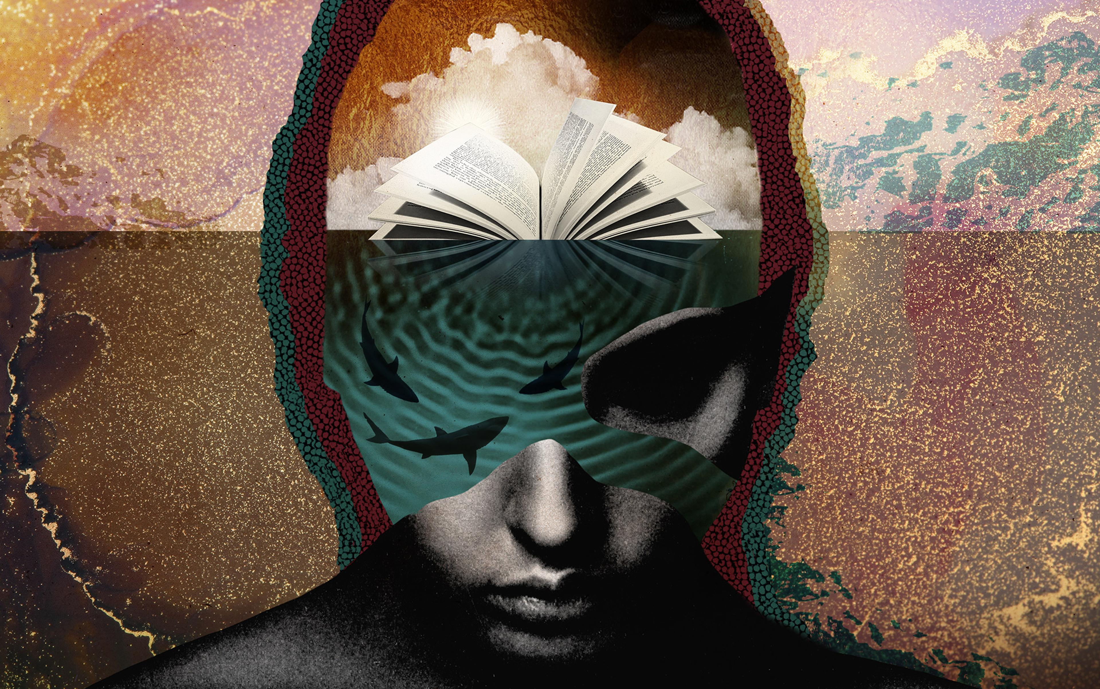 Surreal artwork of a human head. The top section contains an open book and clouds, the bottom section has deep water with sharks, all set in an abstract background.