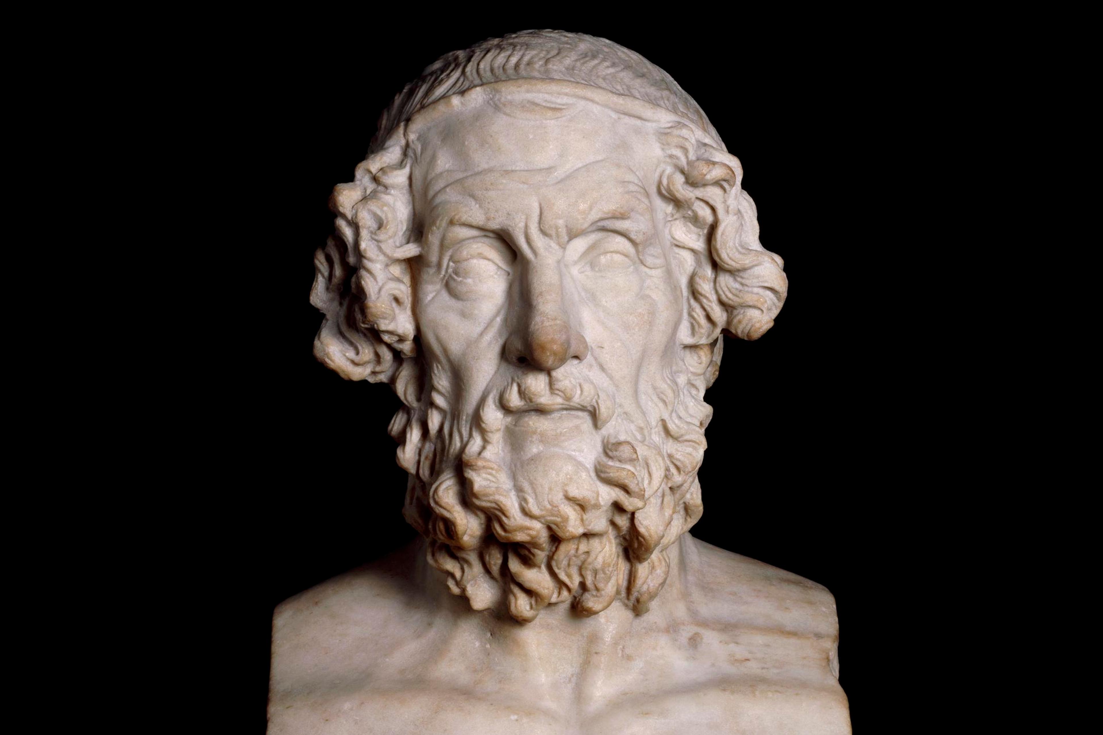 Marble bust of a bearded man with curly hair on a black background, sculpture artwork.