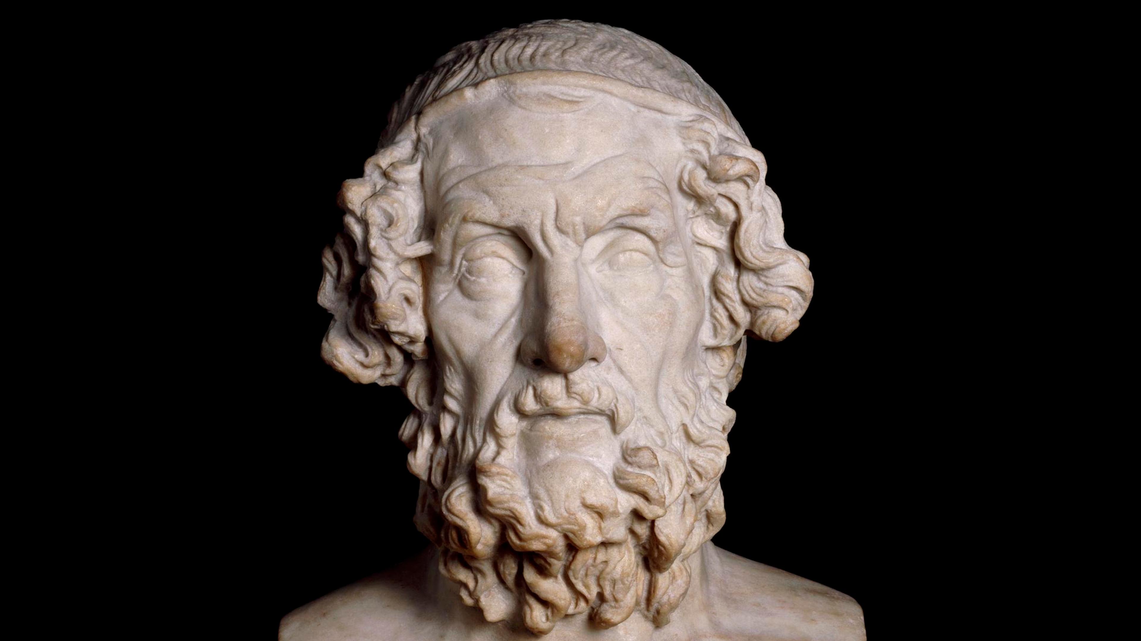 Marble bust of a bearded man with curly hair on a black background, sculpture artwork.