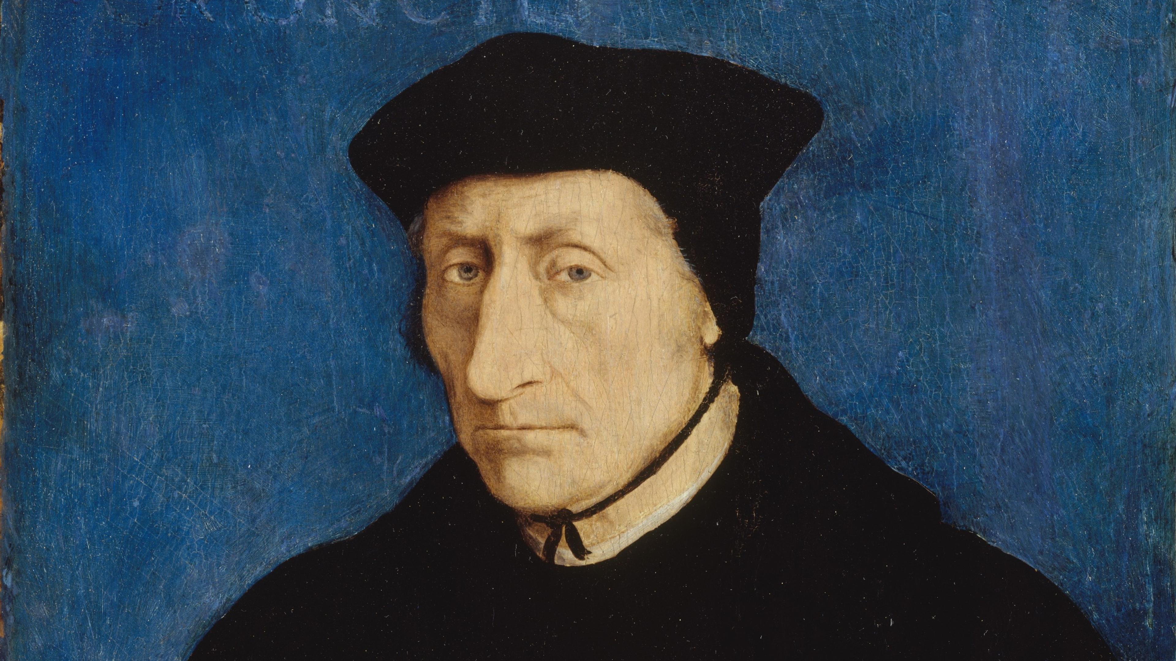 Painting of a man in black clothing and cap writing in a book with a quill, set against a dark blue background.