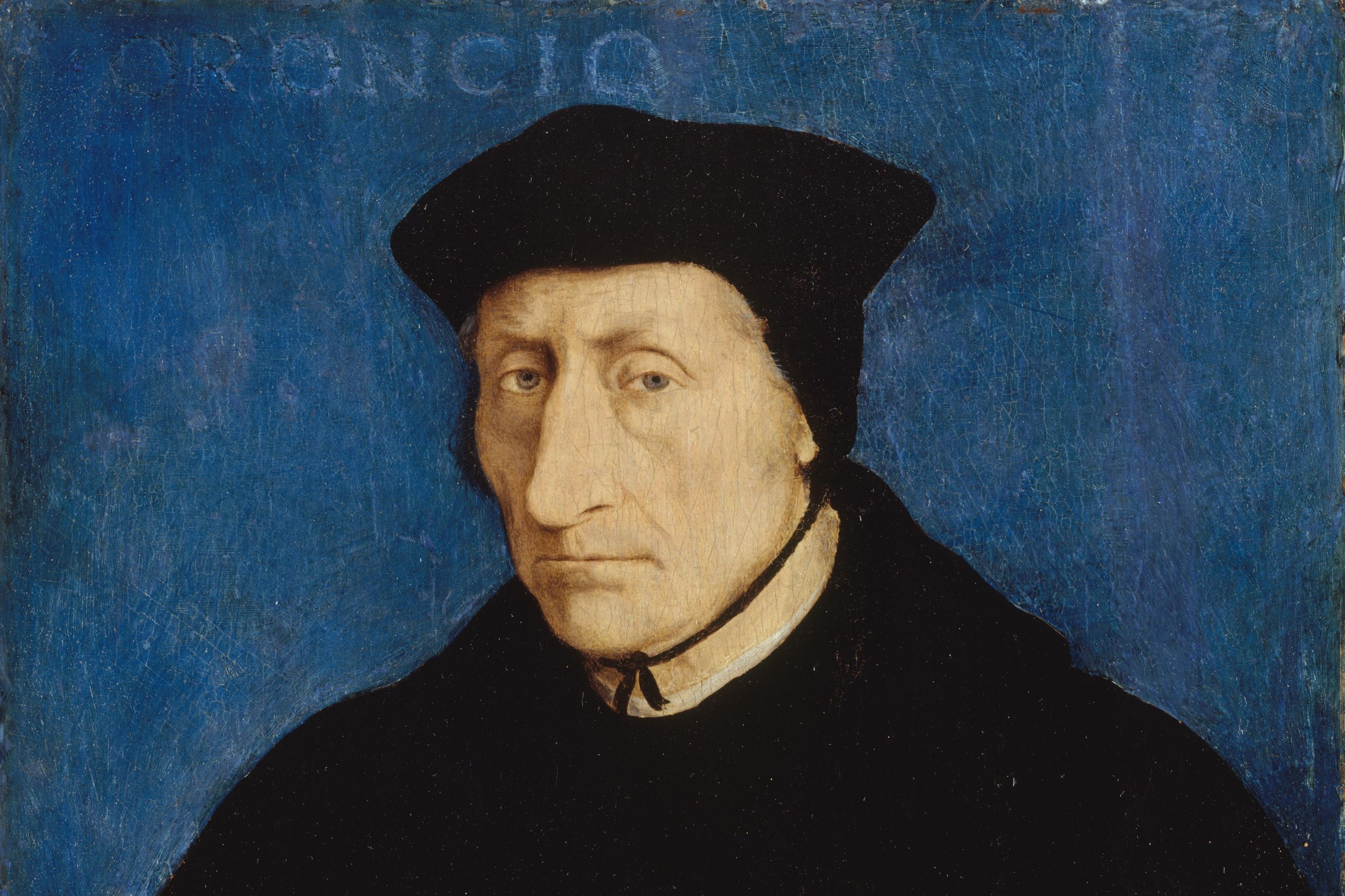 Painting of a man in black clothing and cap writing in a book with a quill, set against a dark blue background.