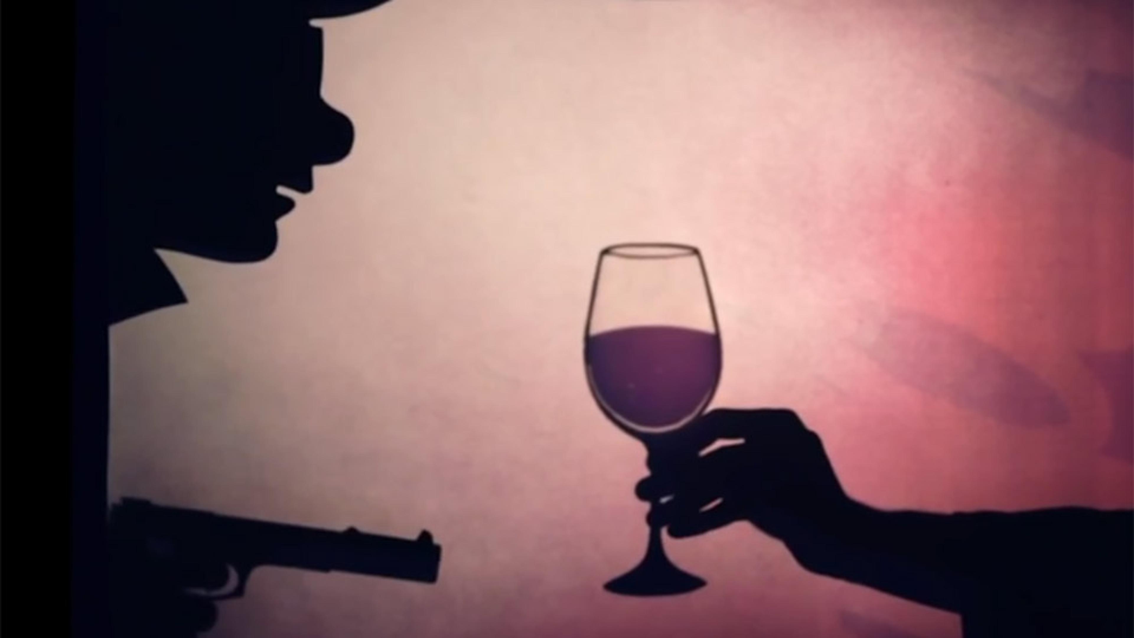 Silhouette of a person holding a gun facing another person holding a wine glass, against a light brown and purple background, photo.