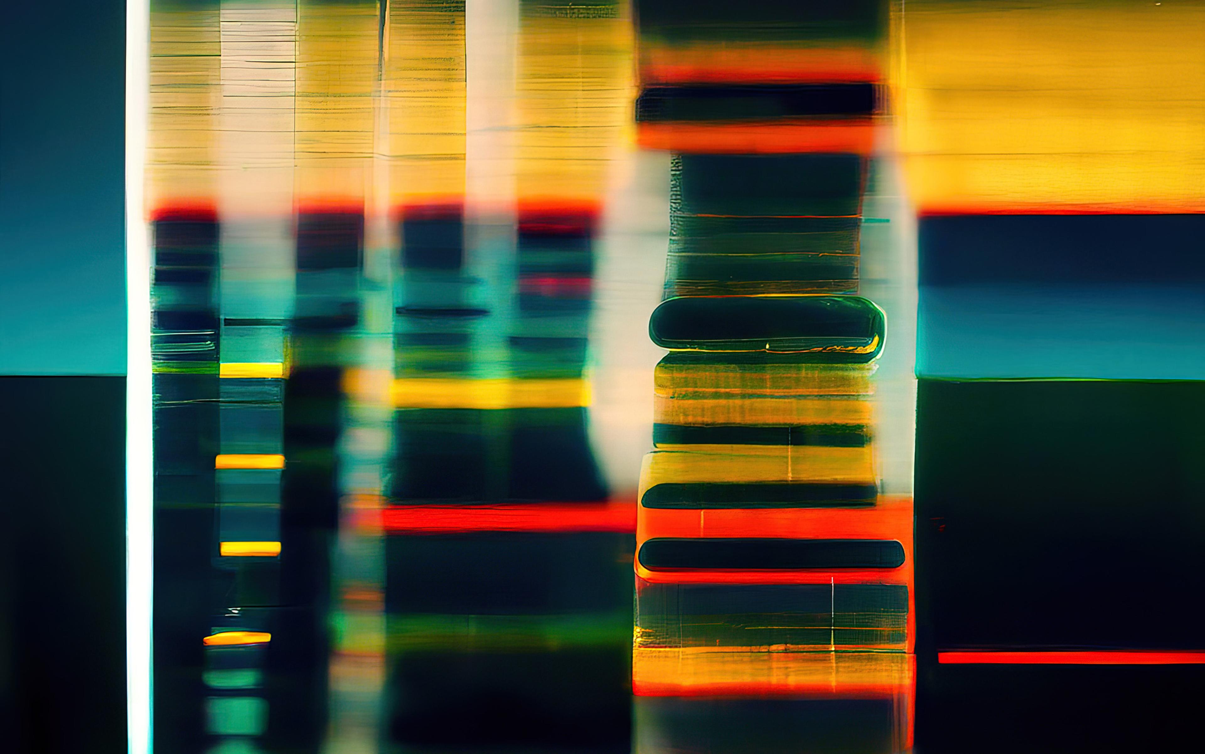 Abstract art depicting DNA sequencing, with vertical bands of vibrant colours including yellow, red, blue and green, blending into each other with a glossy, reflective texture.