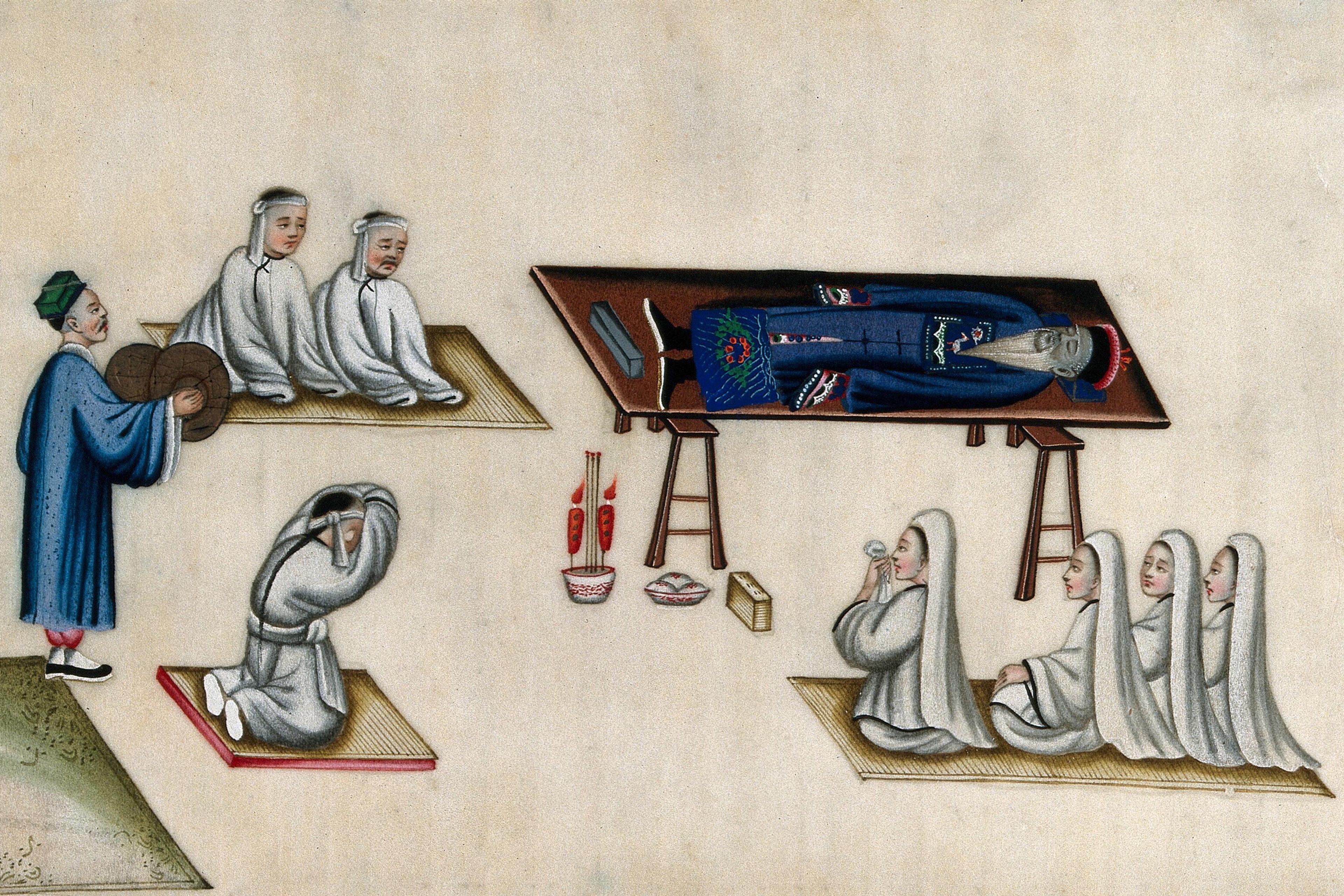 Painting of a traditional Chinese funeral, people in white robes mourning around a deceased figure on a table.