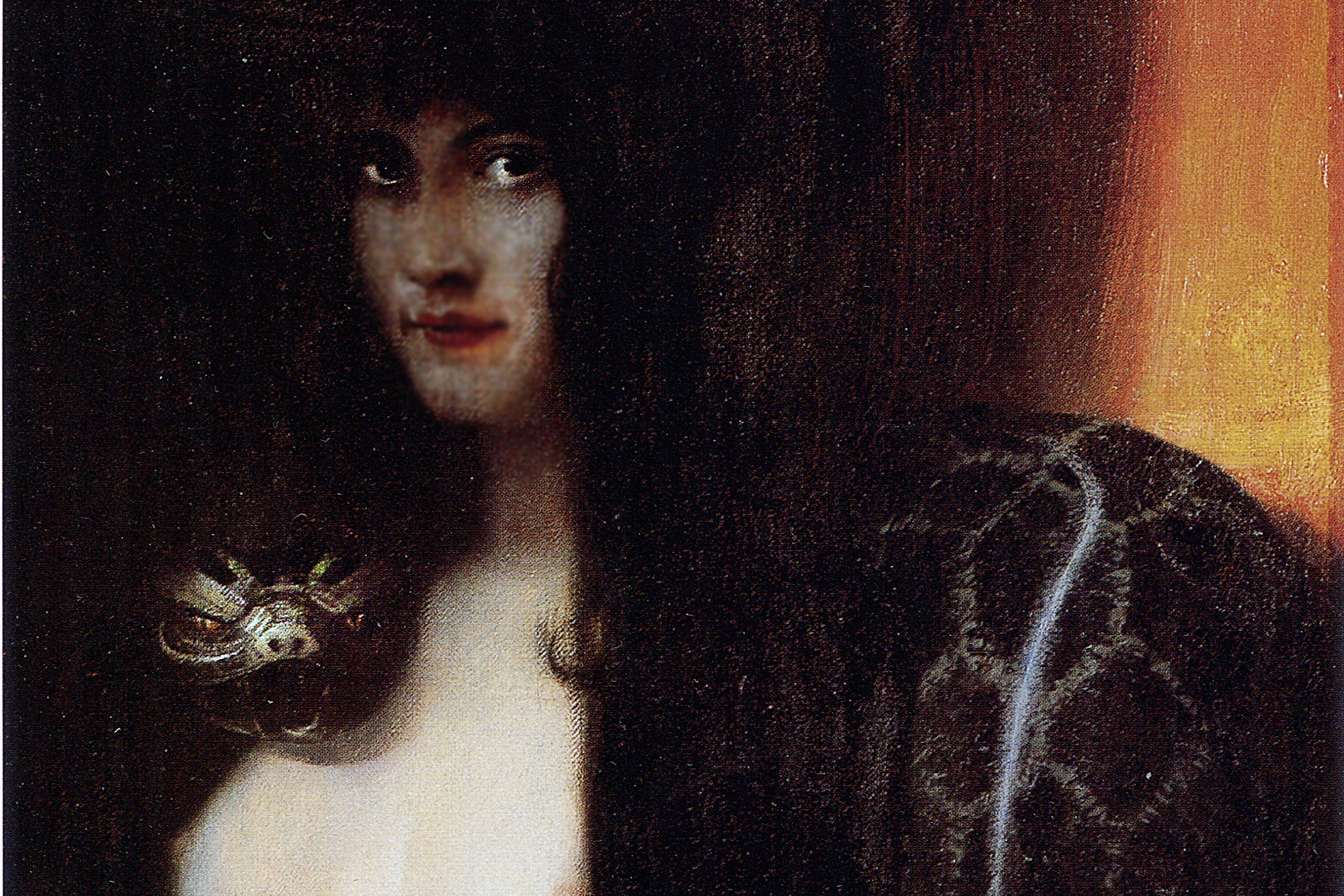 Painting of a mysterious woman with long dark hair and a snake, set against an orange and black background.