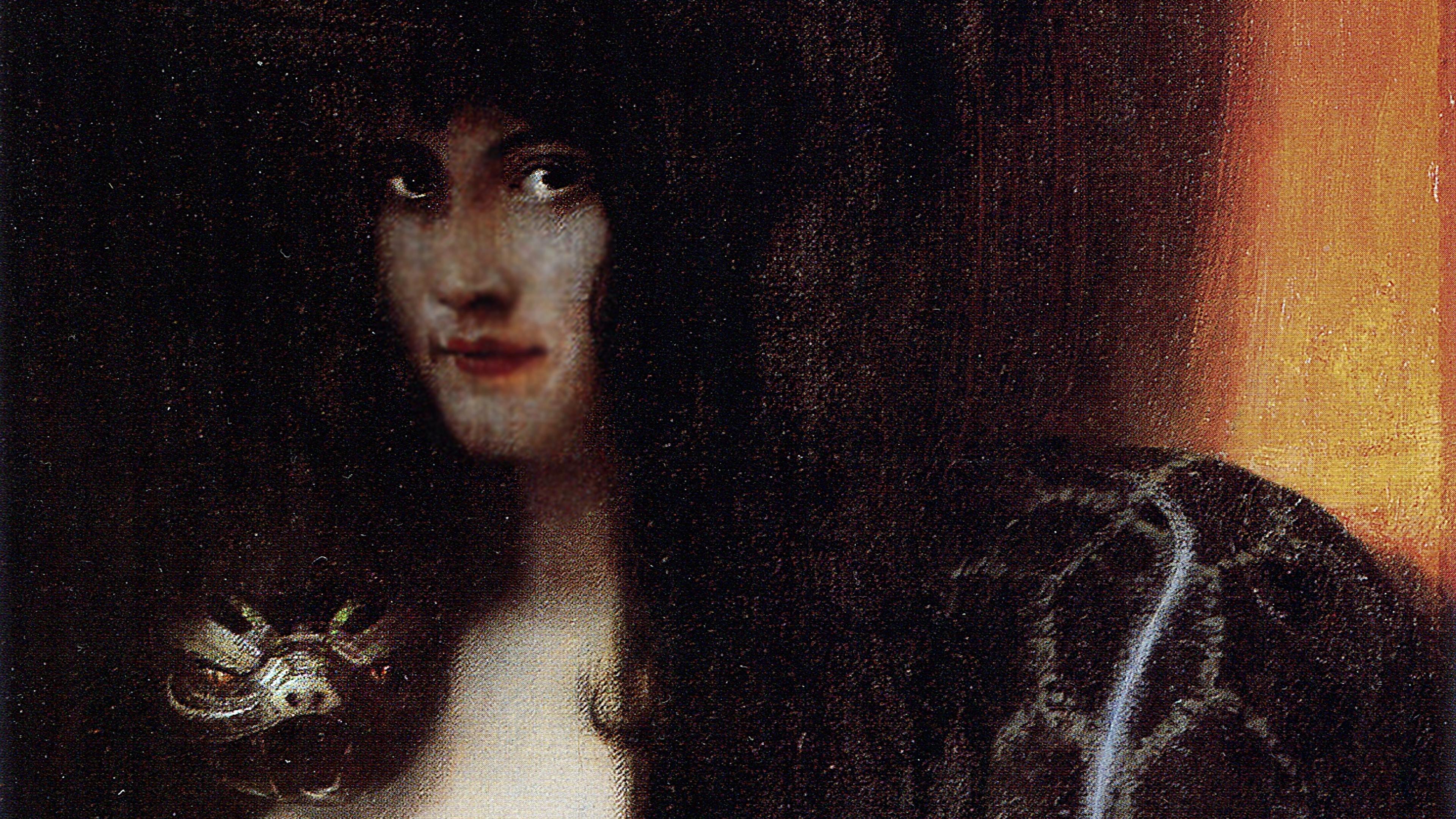 Painting of a mysterious woman with long dark hair and a snake, set against an orange and black background.