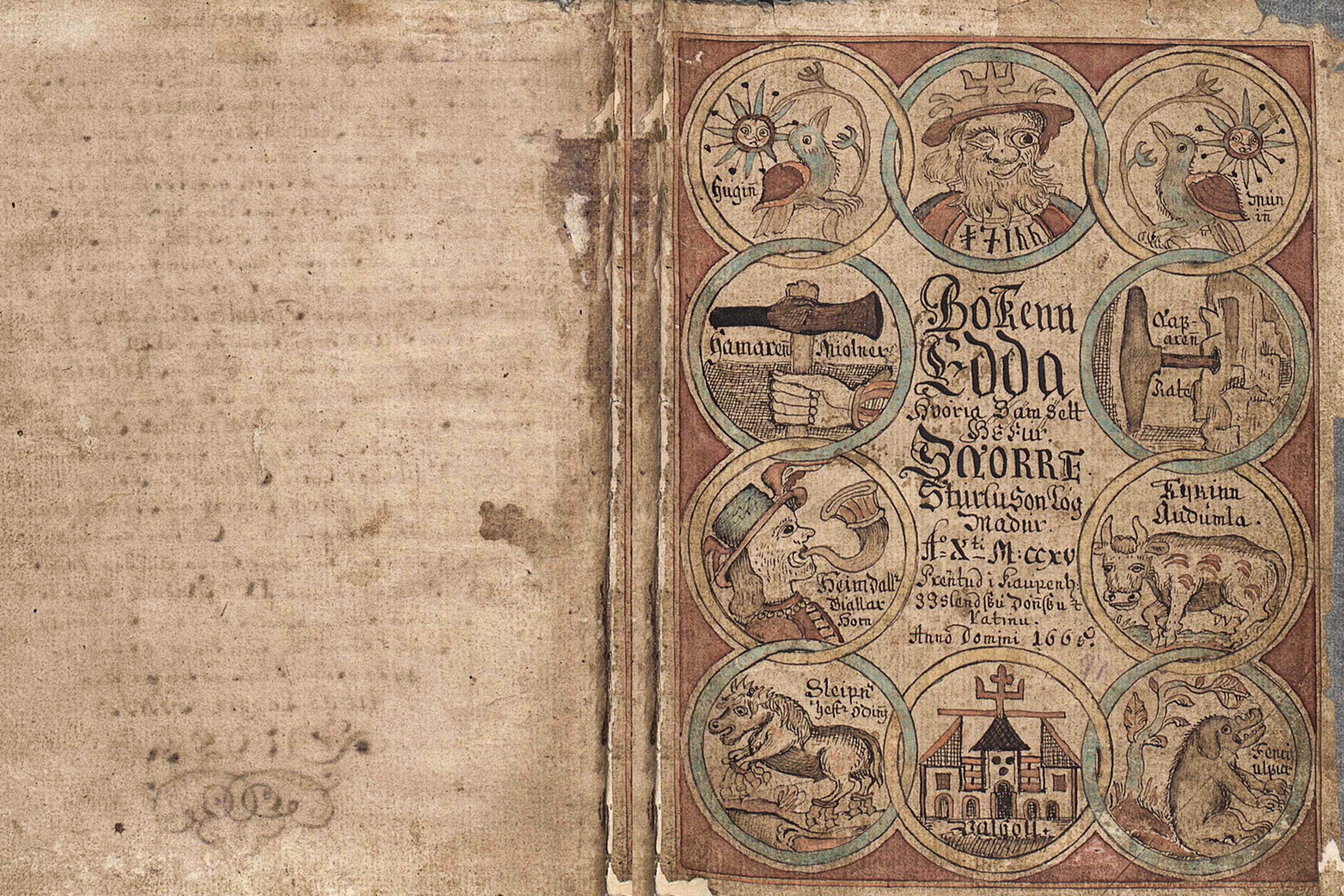 A historical book illustration featuring intricate circular designs and Norse symbols in faded colours; a page of old text is visible.