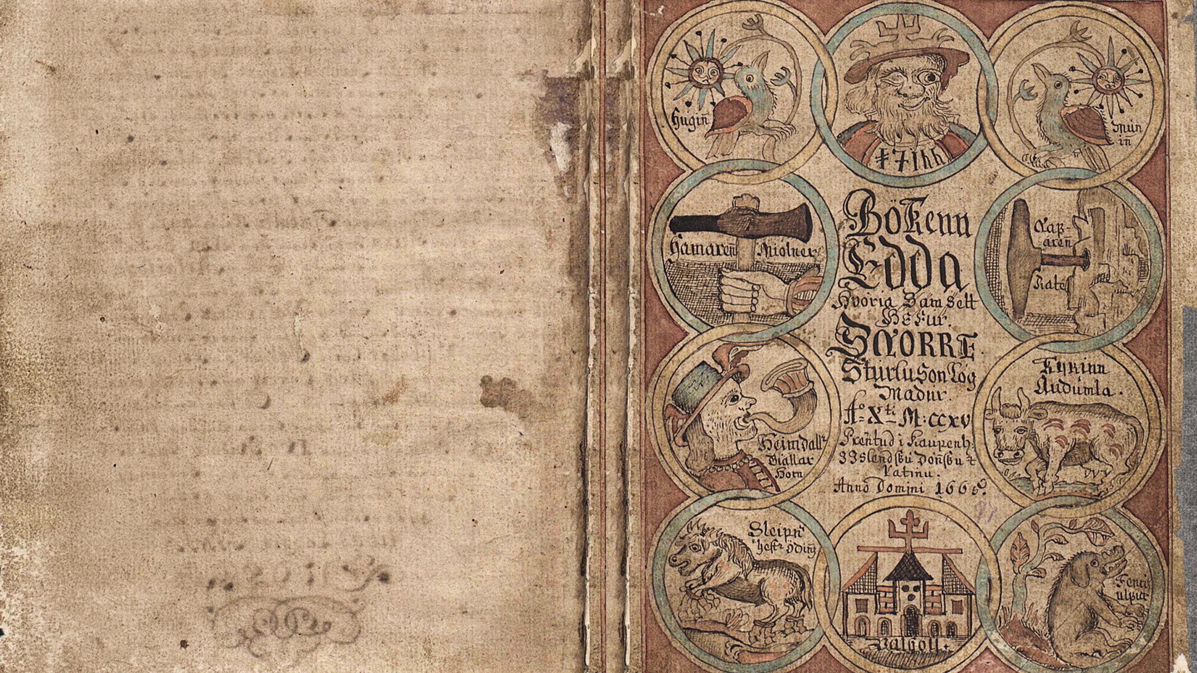 A historical book illustration featuring intricate circular designs and Norse symbols in faded colours; a page of old text is visible.