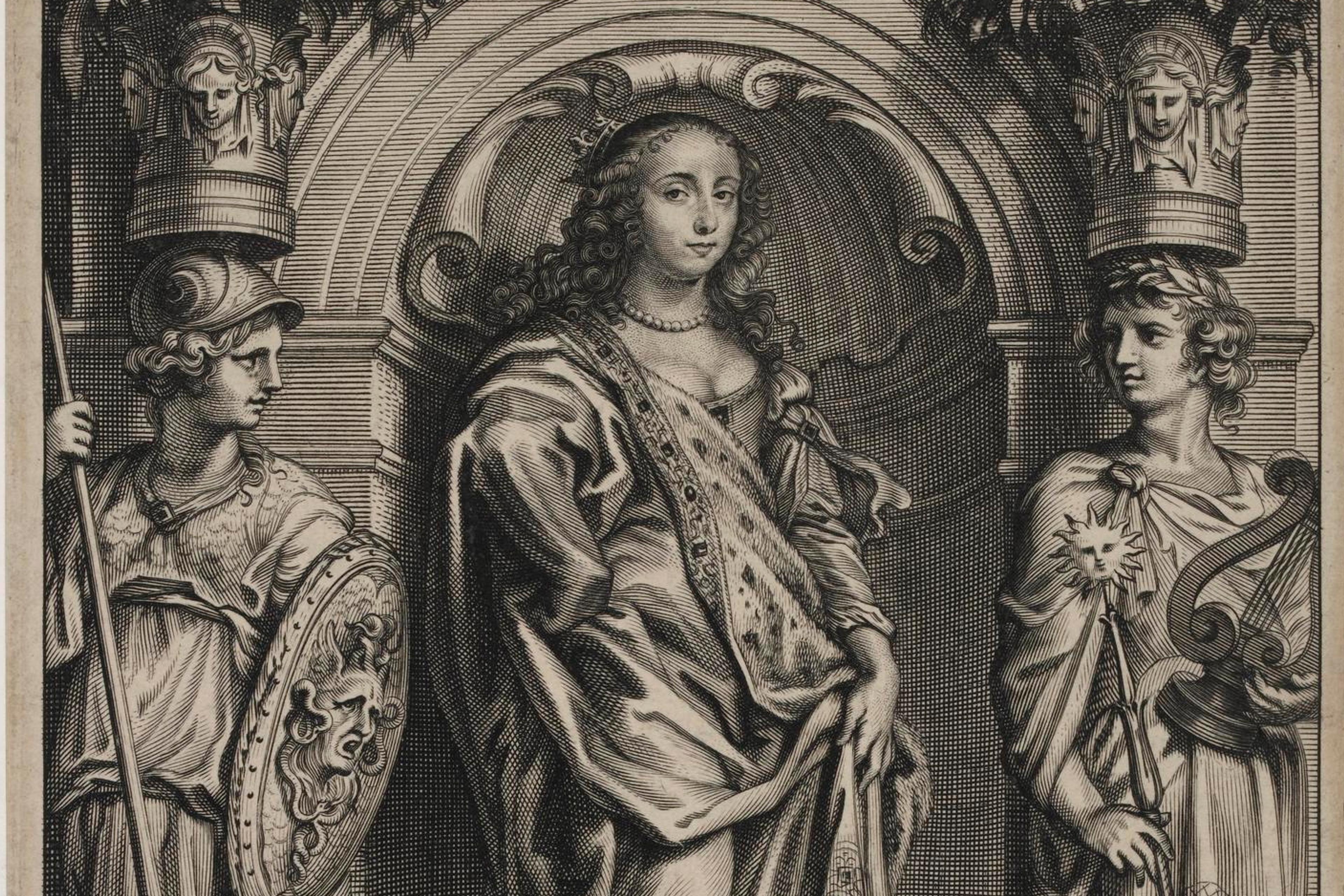 Engraving of a woman flanked by two armoured figures, with decorative columns and text below.