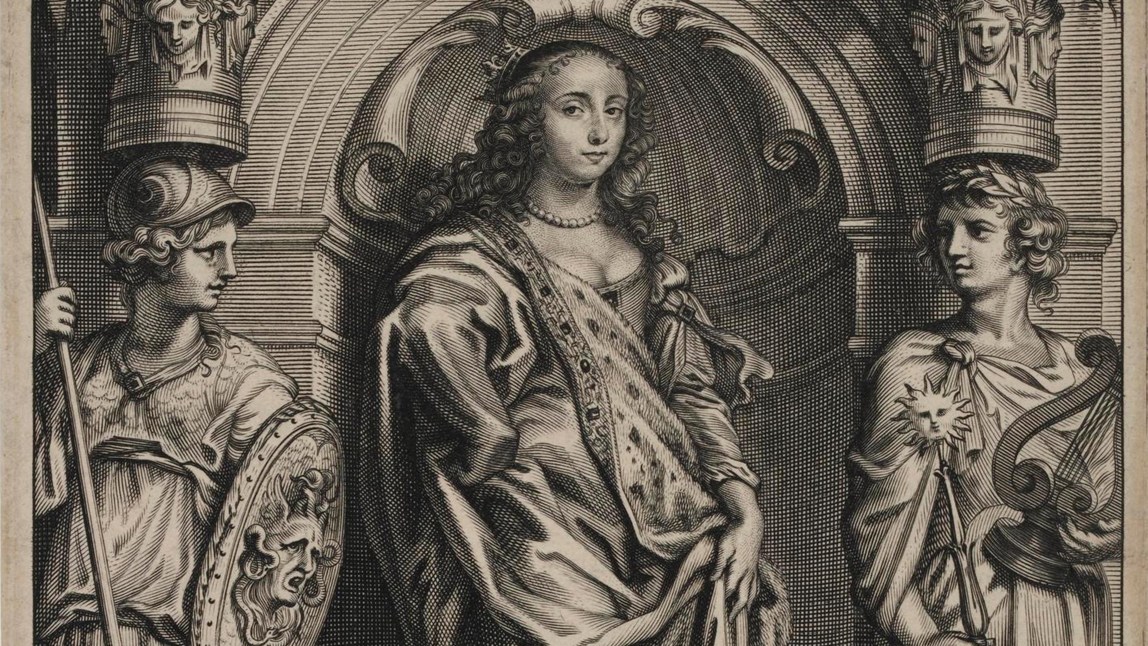 Engraving of a woman flanked by two armoured figures, with decorative columns and text below.