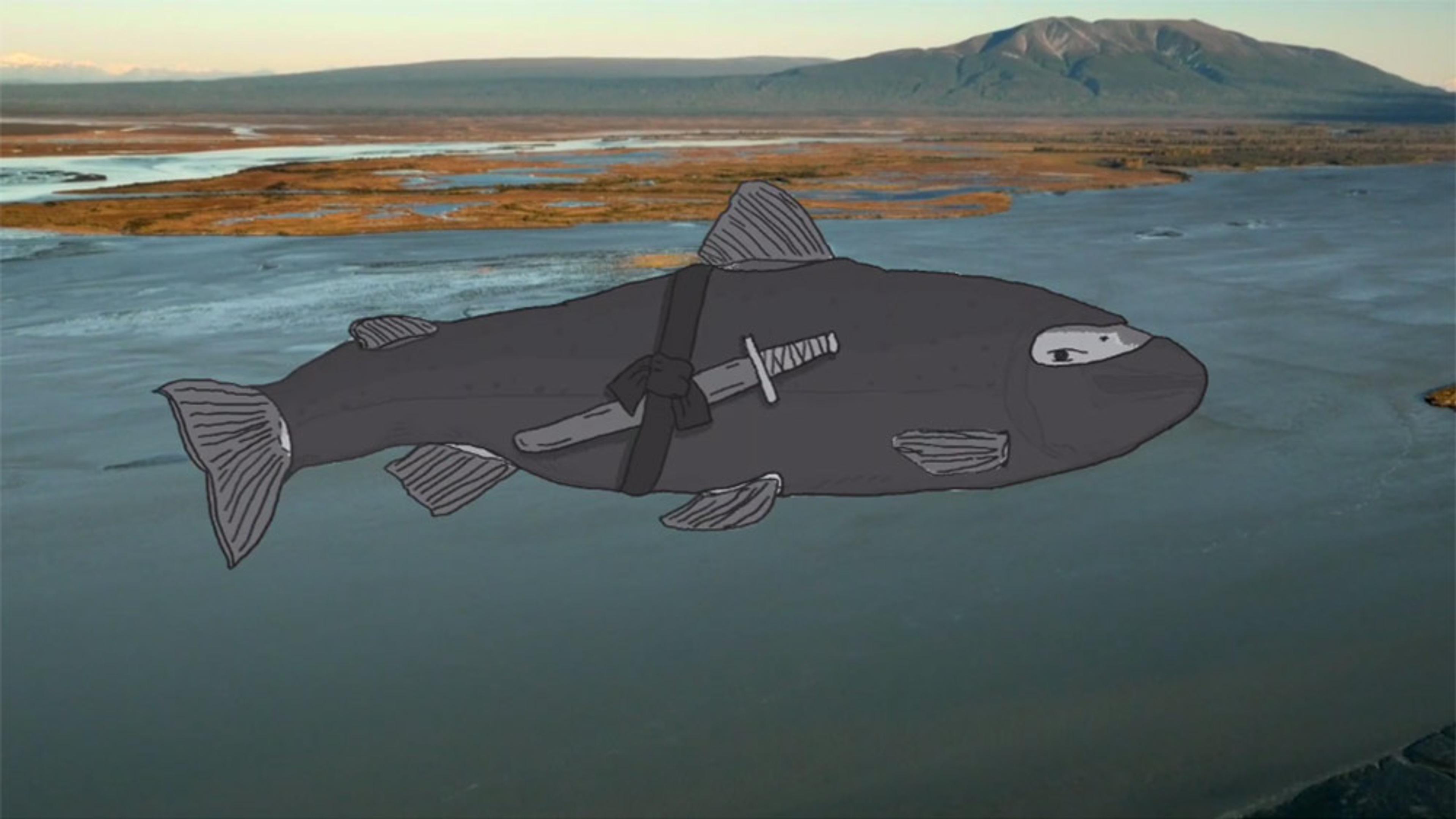 Illustration of a ninja fish wearing a black bandana with a sword strapped to its side over a photo of a river and mountain in the background.