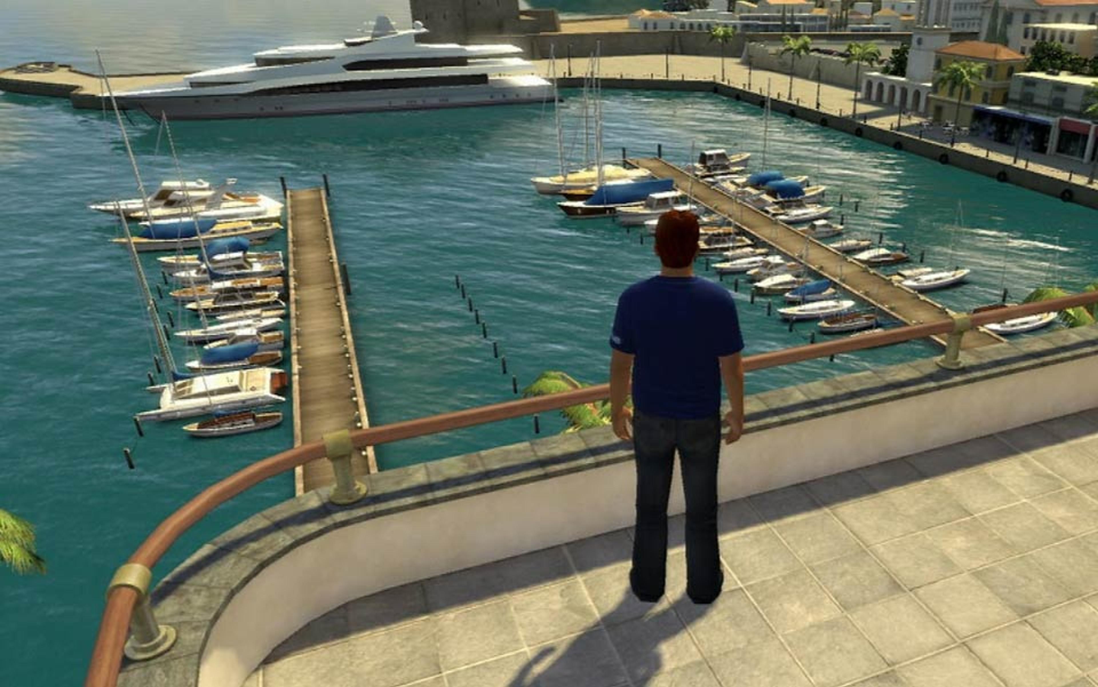 Screenshot from a video game showing a man on a balcony overlooking a marina with docks, boats and a large yacht.