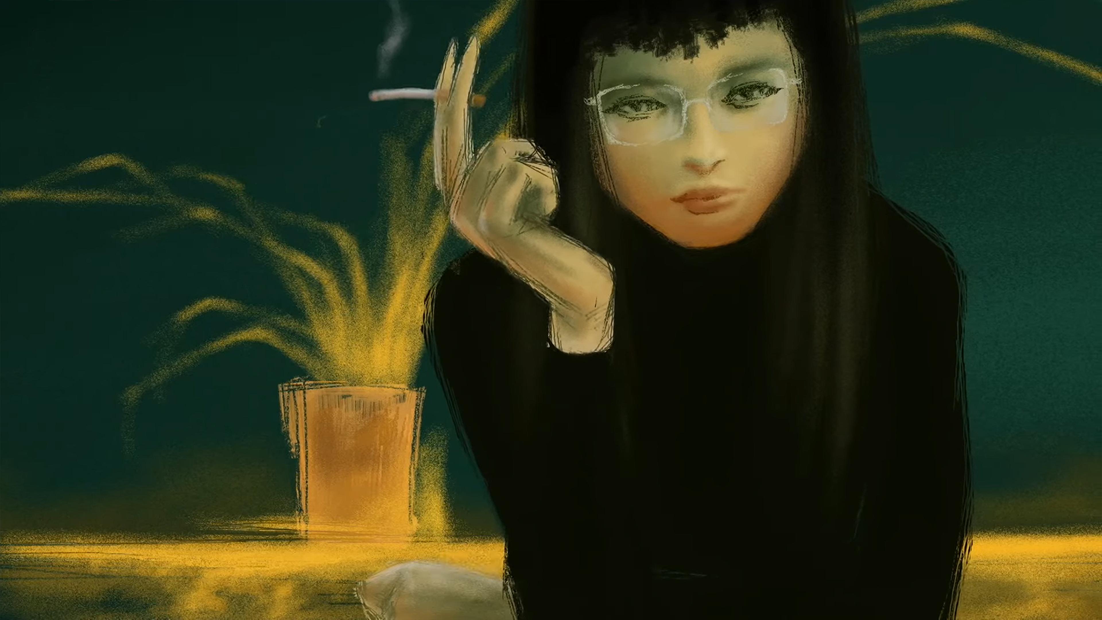 Painting of a person in glasses holding a cigarette, with yellow plants in the background and a dark green-yellow colour scheme.