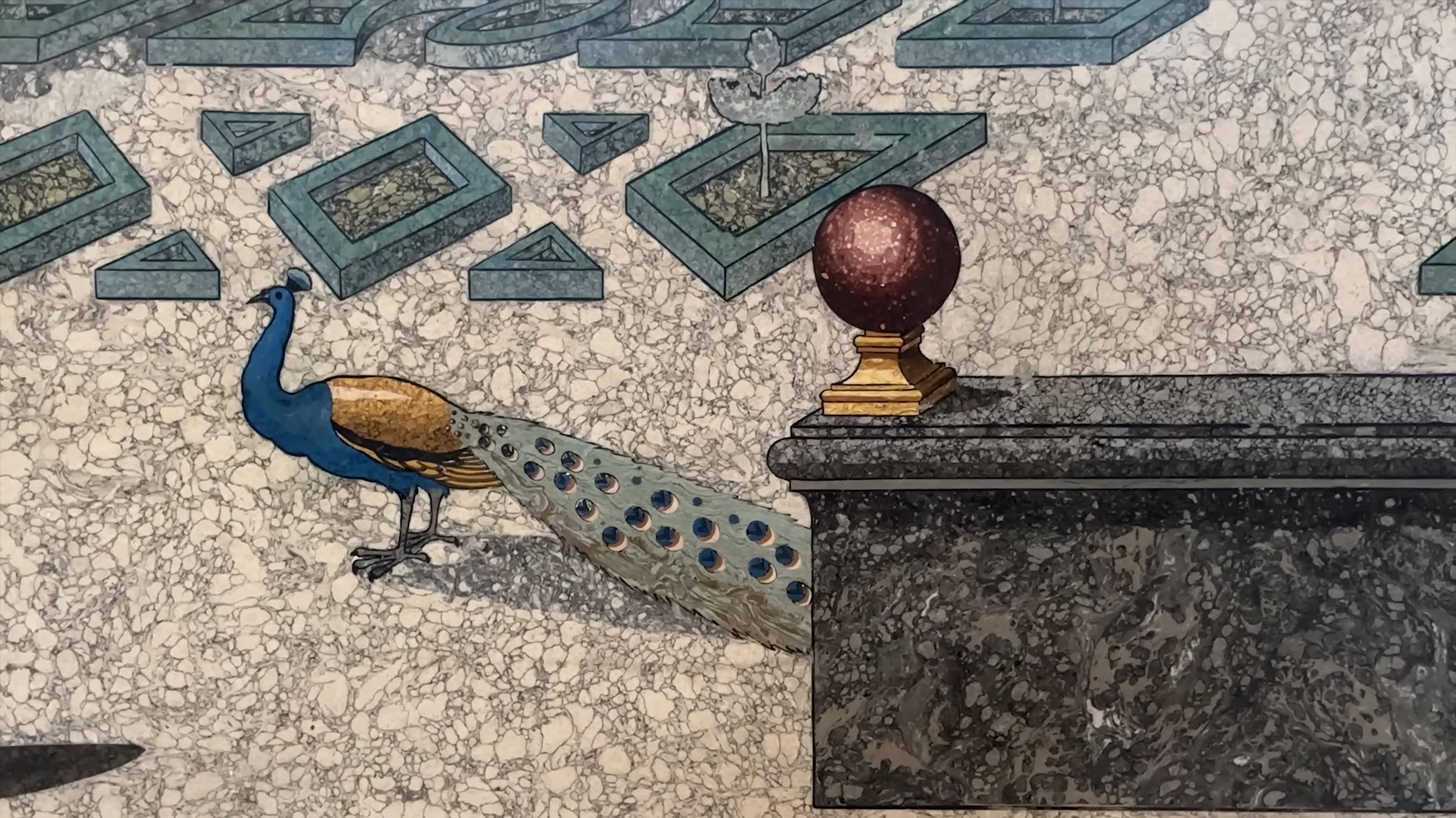 Marble painting of a peacock beside a pedestal with a sphere, abstract shapes in the background.