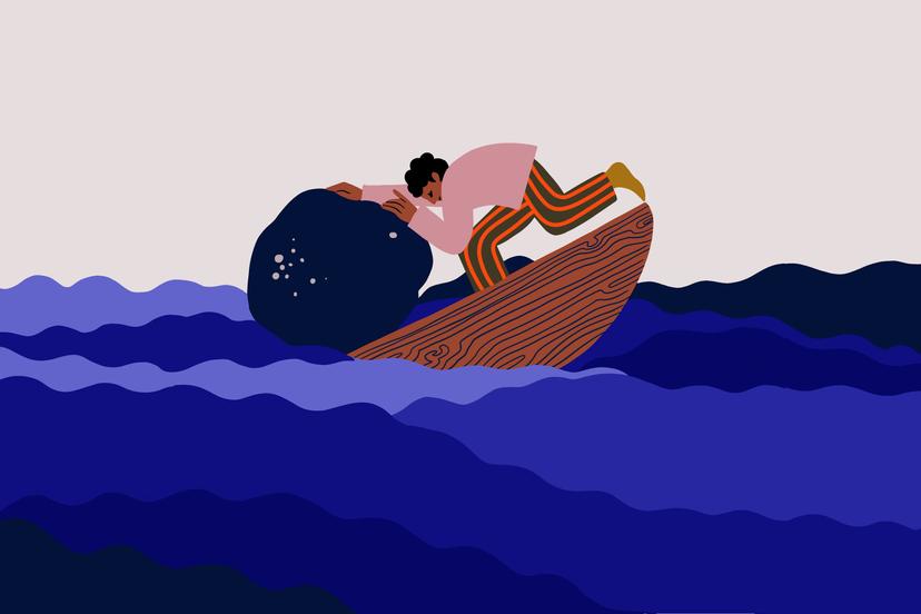 Illustration of a person pushing a boulder on a wooden boat that is tipping over from the weight, in wavy blue waters against a pale background.