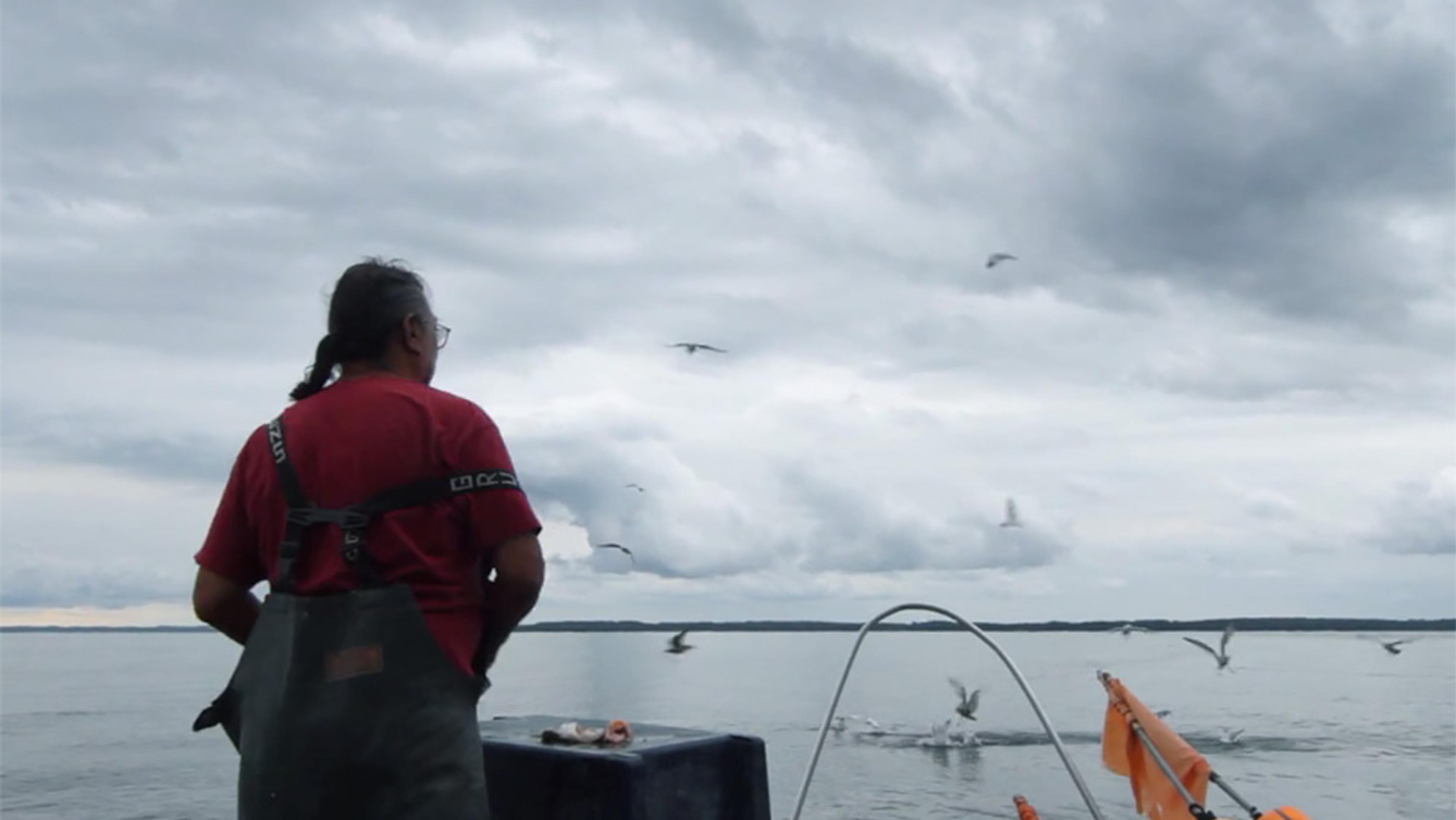A person on a boat wearing a red shirt and overalls, looking at the sea with seagulls flying under a cloudy sky.