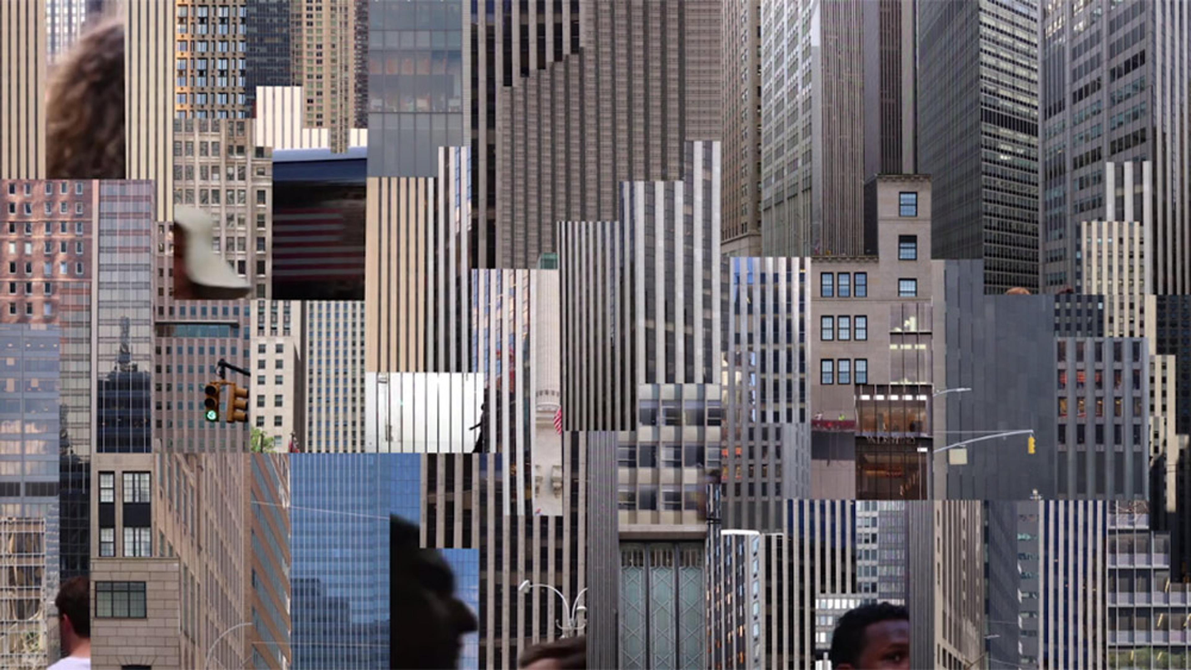 Collage of skyscraper facades with vertical strips and glimpses of people in a cityscape, photo.