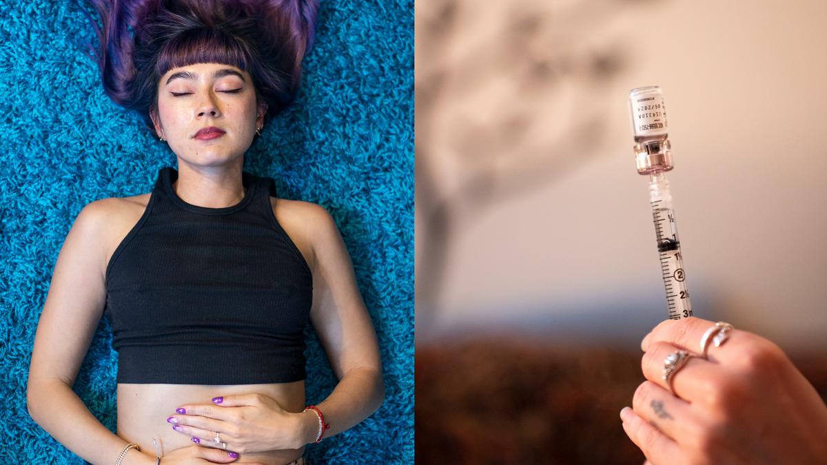Photo diptych: Woman with purple hair lies on blue carpet; hand holds syringe with vial against blurred background.