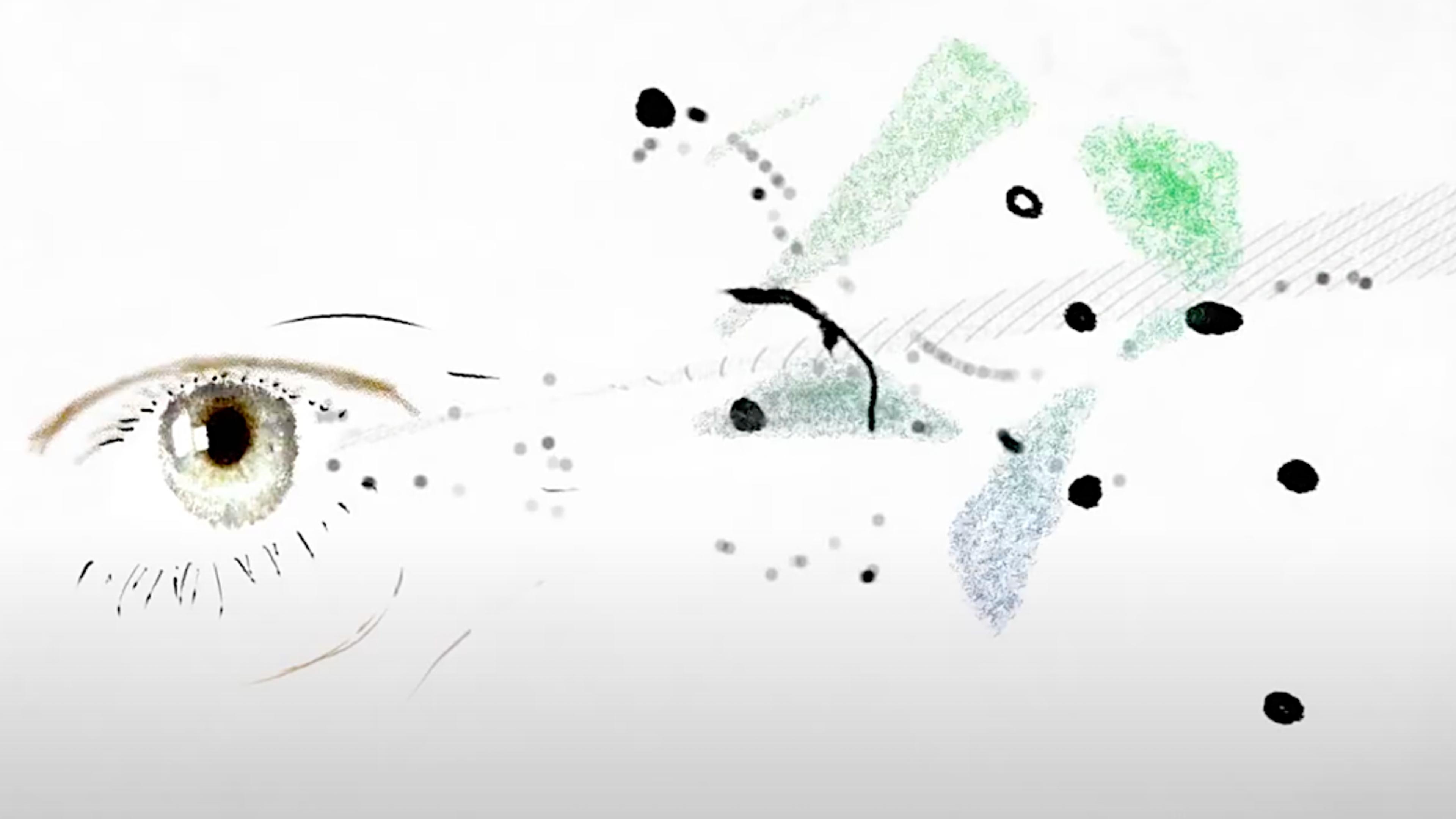 Abstract painting featuring a detailed eye on the left with dispersed dots, lines, and shaded shapes in green and blue on the right.