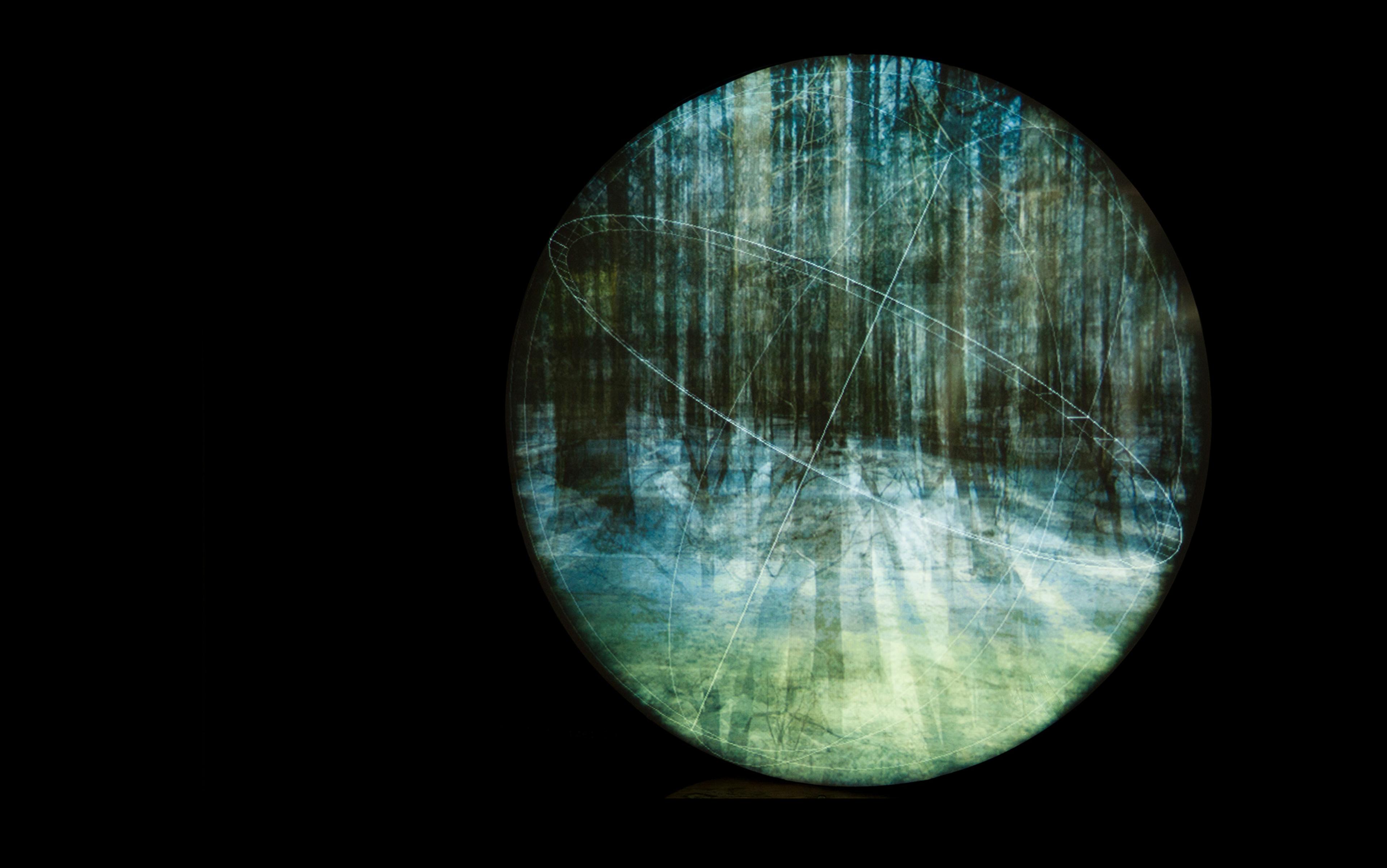 Digital artwork of a forest inside a circular frame with geometric lines, displayed against a black background.