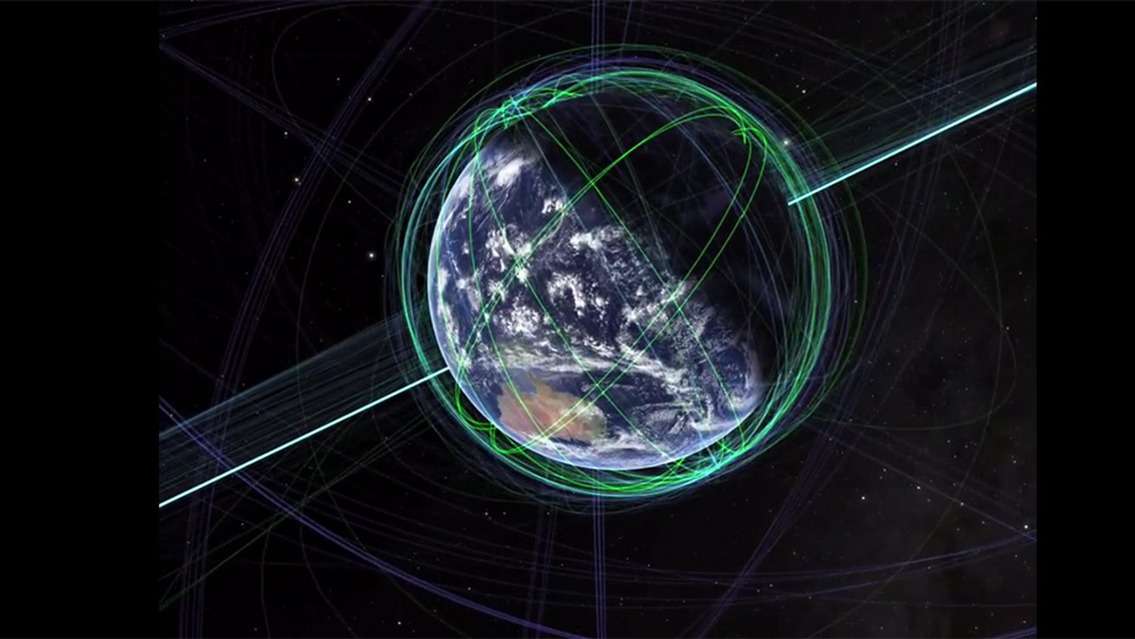 Illustration of Earth with green and blue lines representing satellite orbits. Black space background with stars.