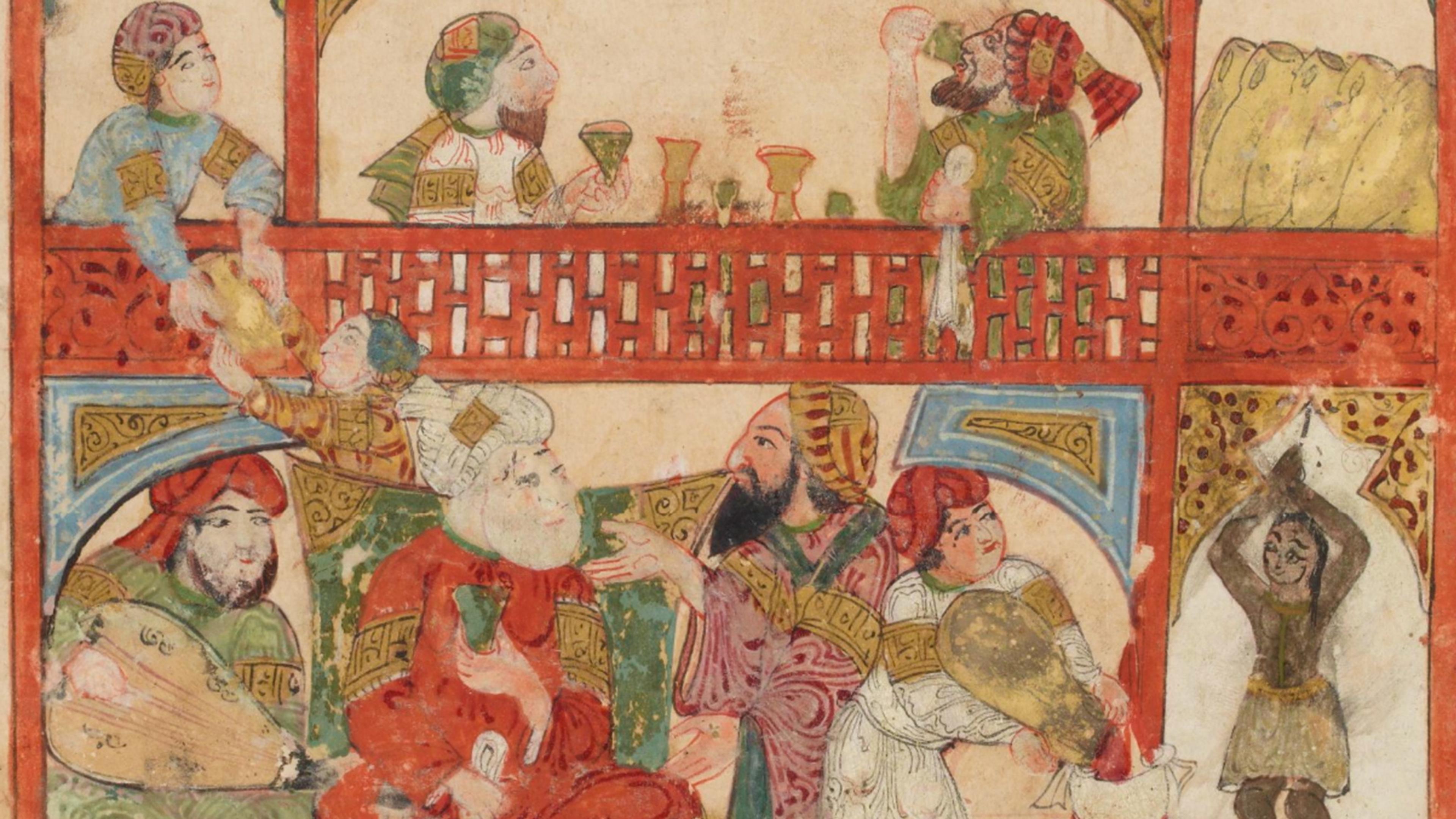 Illustration from an ancient manuscript showing musicians and people socialising on two levels inside a vibrant room.