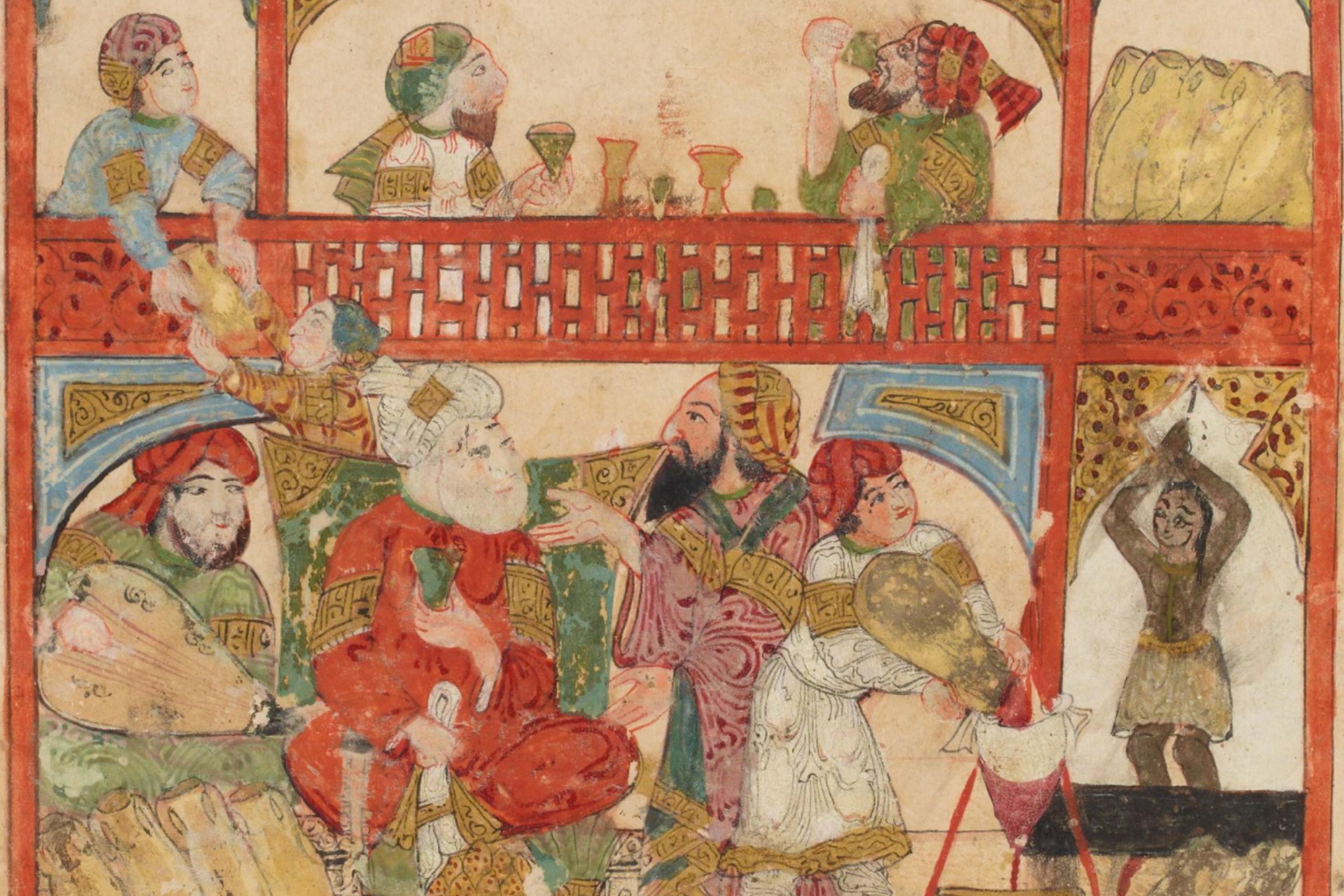Illustration from an ancient manuscript showing musicians and people socialising on two levels inside a vibrant room.