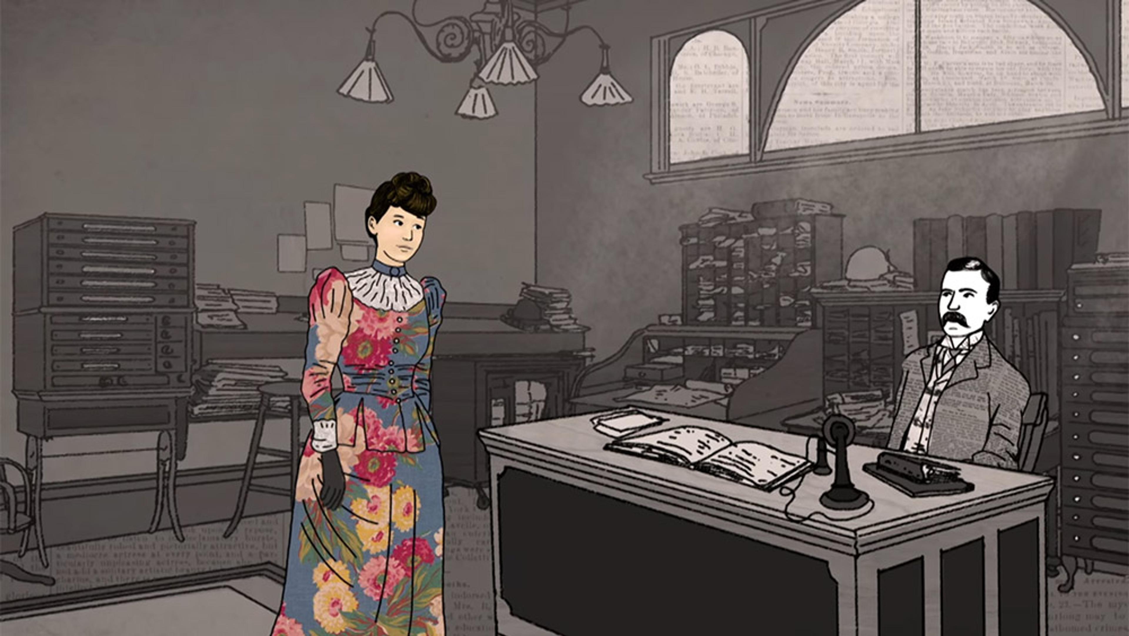 A drawing of a woman in a flowered dress standing in an office with a seated man at a desk, surrounded by books and papers.