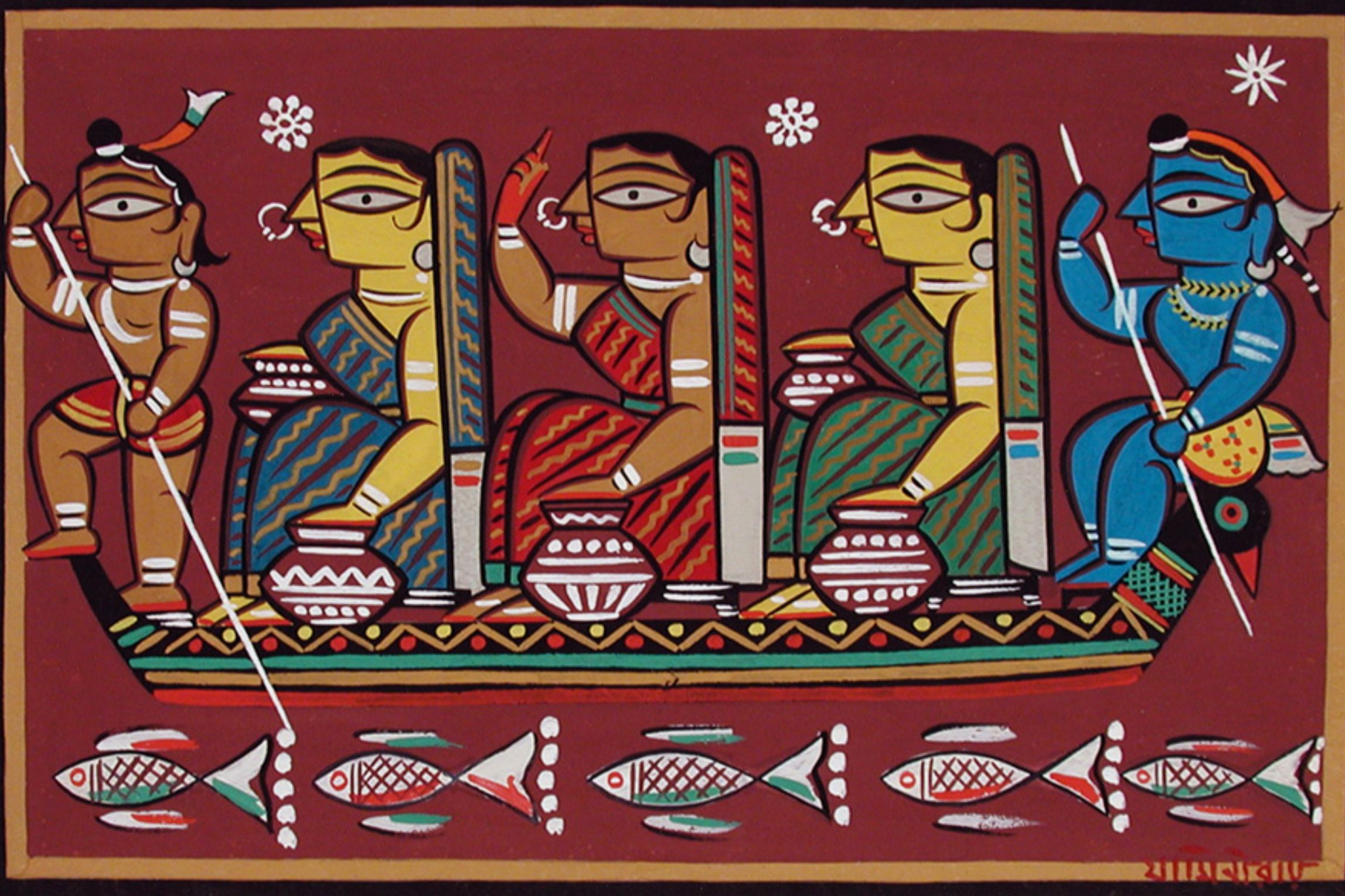 Painting of four stylised figures in a boat with decorative patterns, surrounded by fish motifs and a red background.