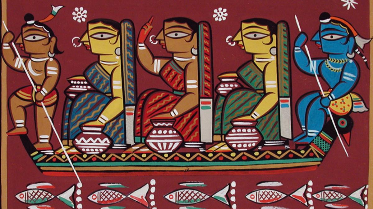 Painting of four stylised figures in a boat with decorative patterns, surrounded by fish motifs and a red background.