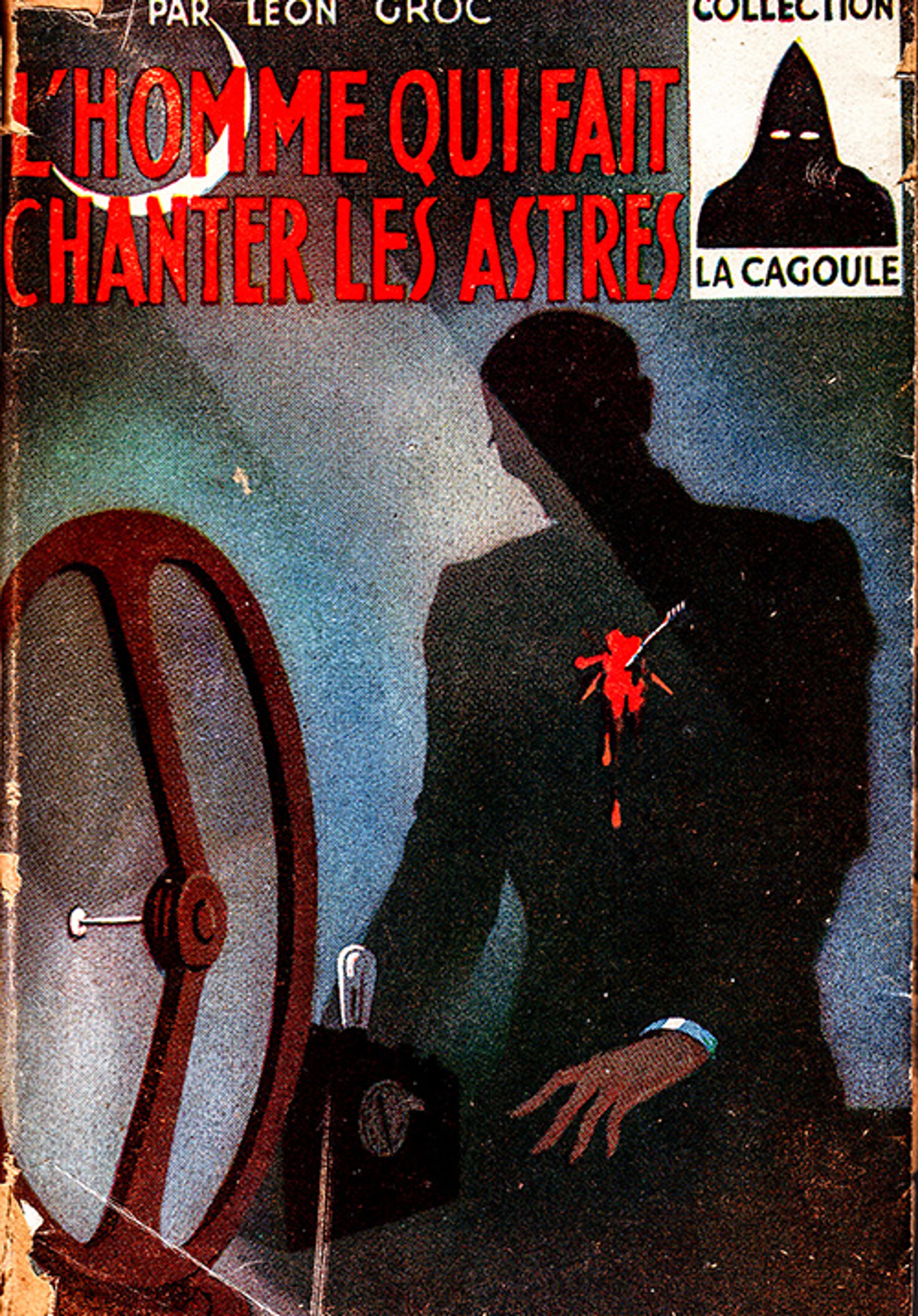 Vintage book cover art featuring a shadowy figure in front of a large wheel with red text in French.