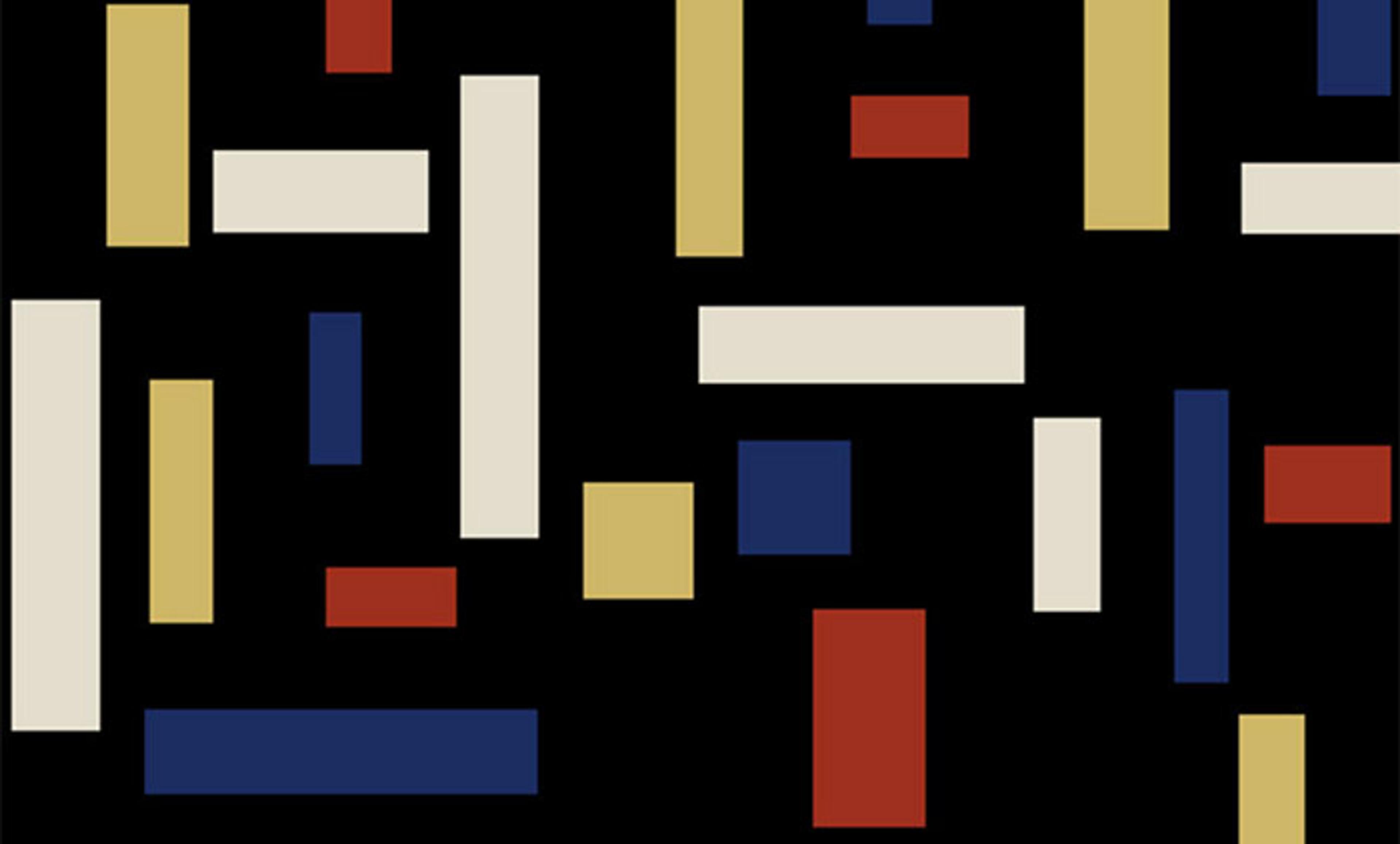 Abstract painting with a black background and multicoloured rectangles in red, yellow, blue and white.