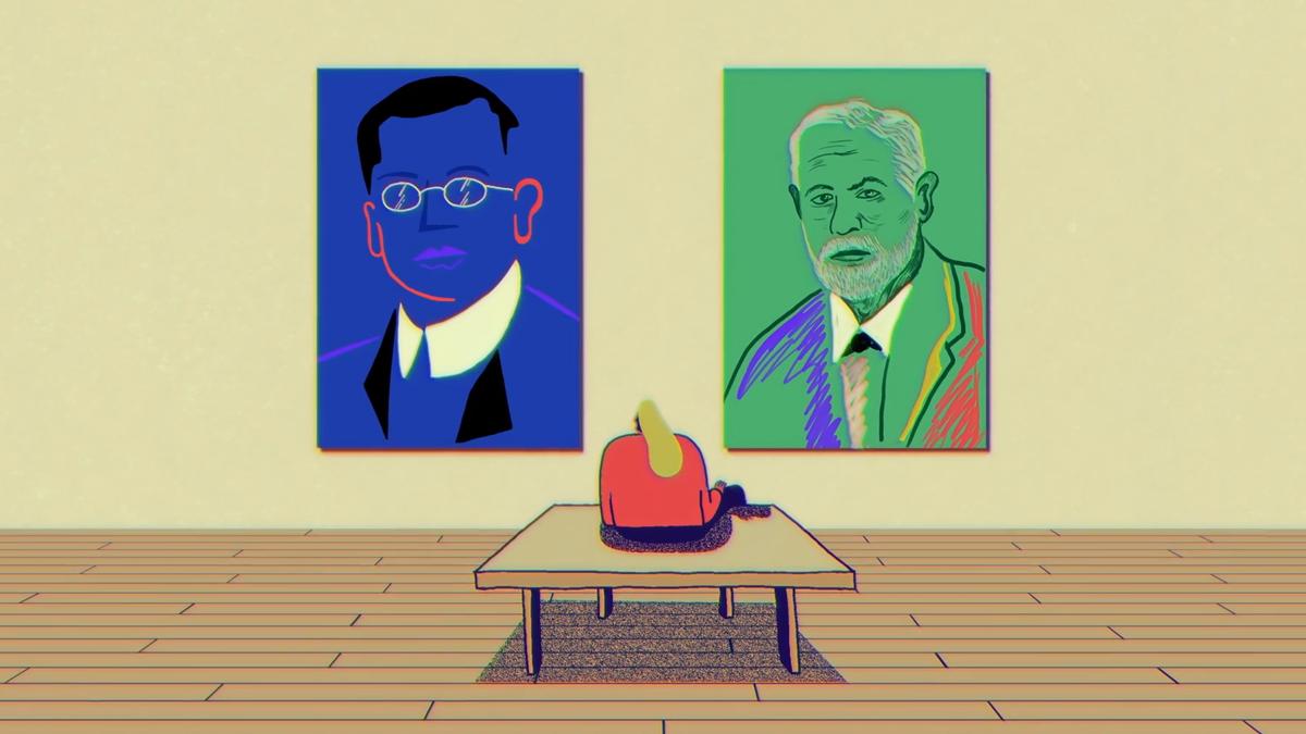 Illustration of a person sitting viewing colourful portraits of two men on a gallery wall.