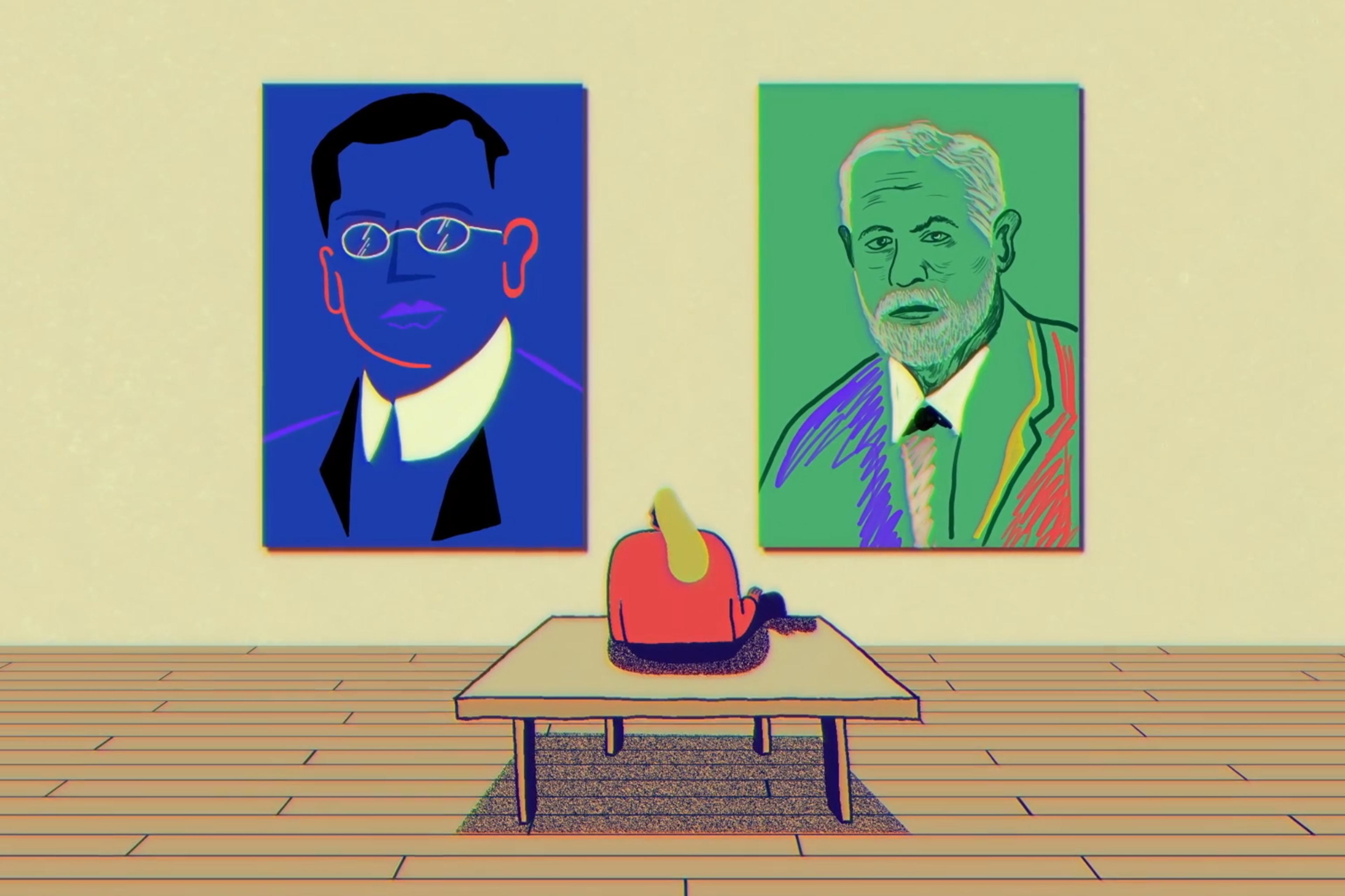 Illustration of a person sitting viewing colourful portraits of two men on a gallery wall.