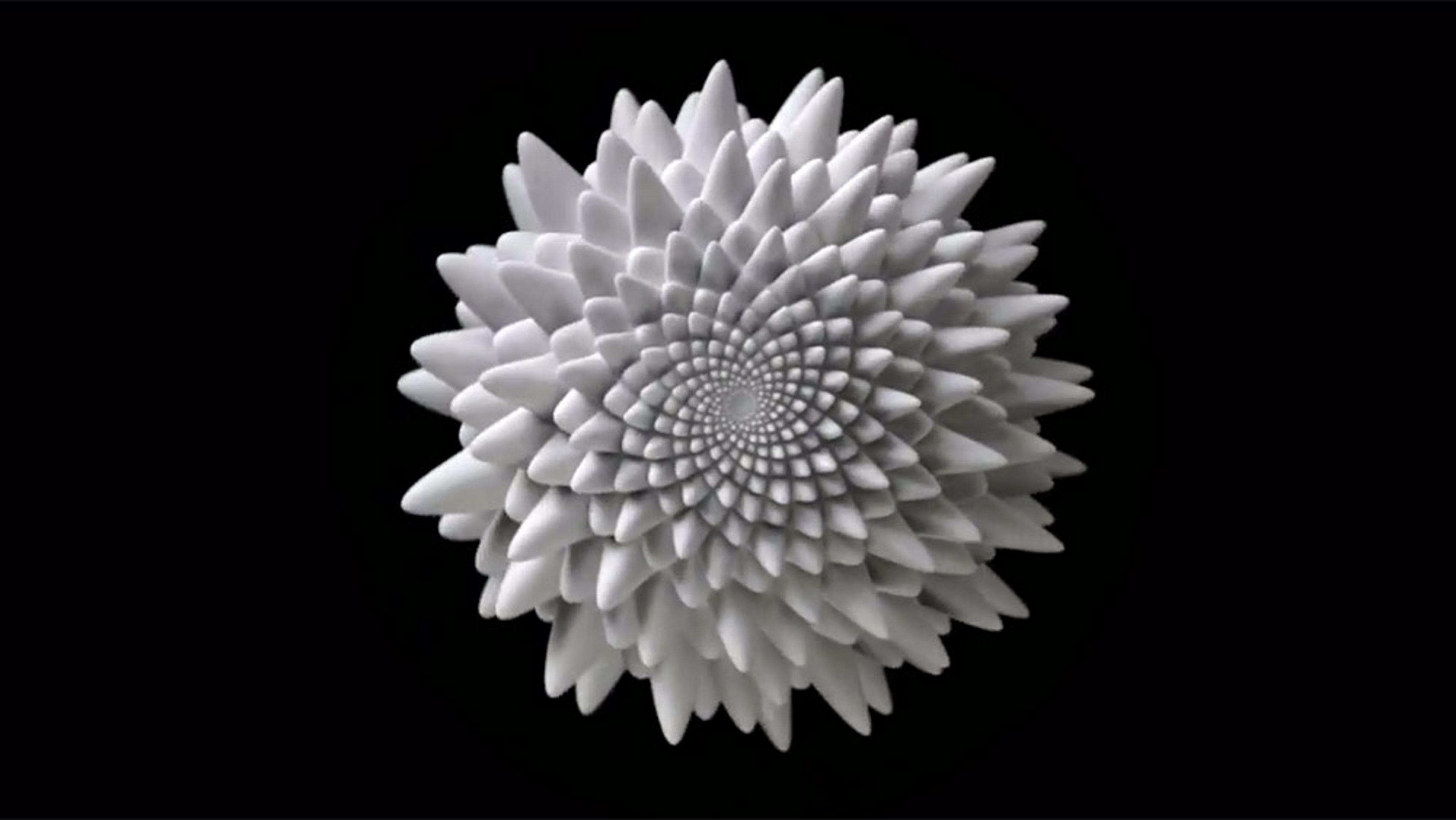 White 3D-printed structure resembling a complex geometric flower on a black background.