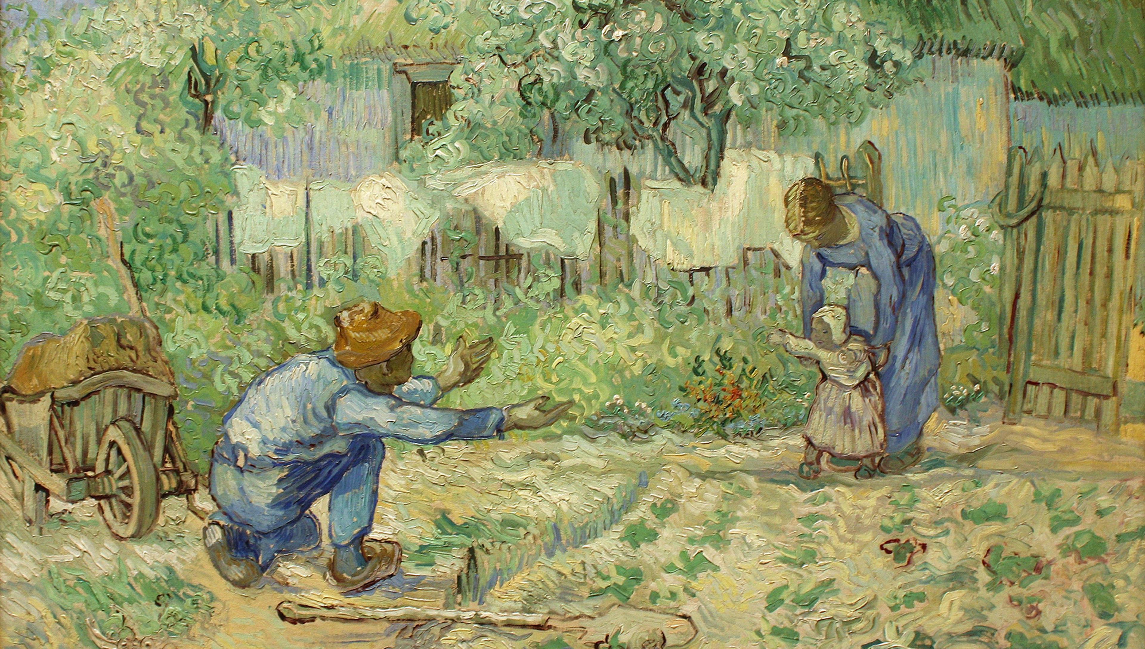 Impressionist painting of a family in a garden, with a child learning to walk, assisted by an adult, as another adult crouches down with outstretched arms.