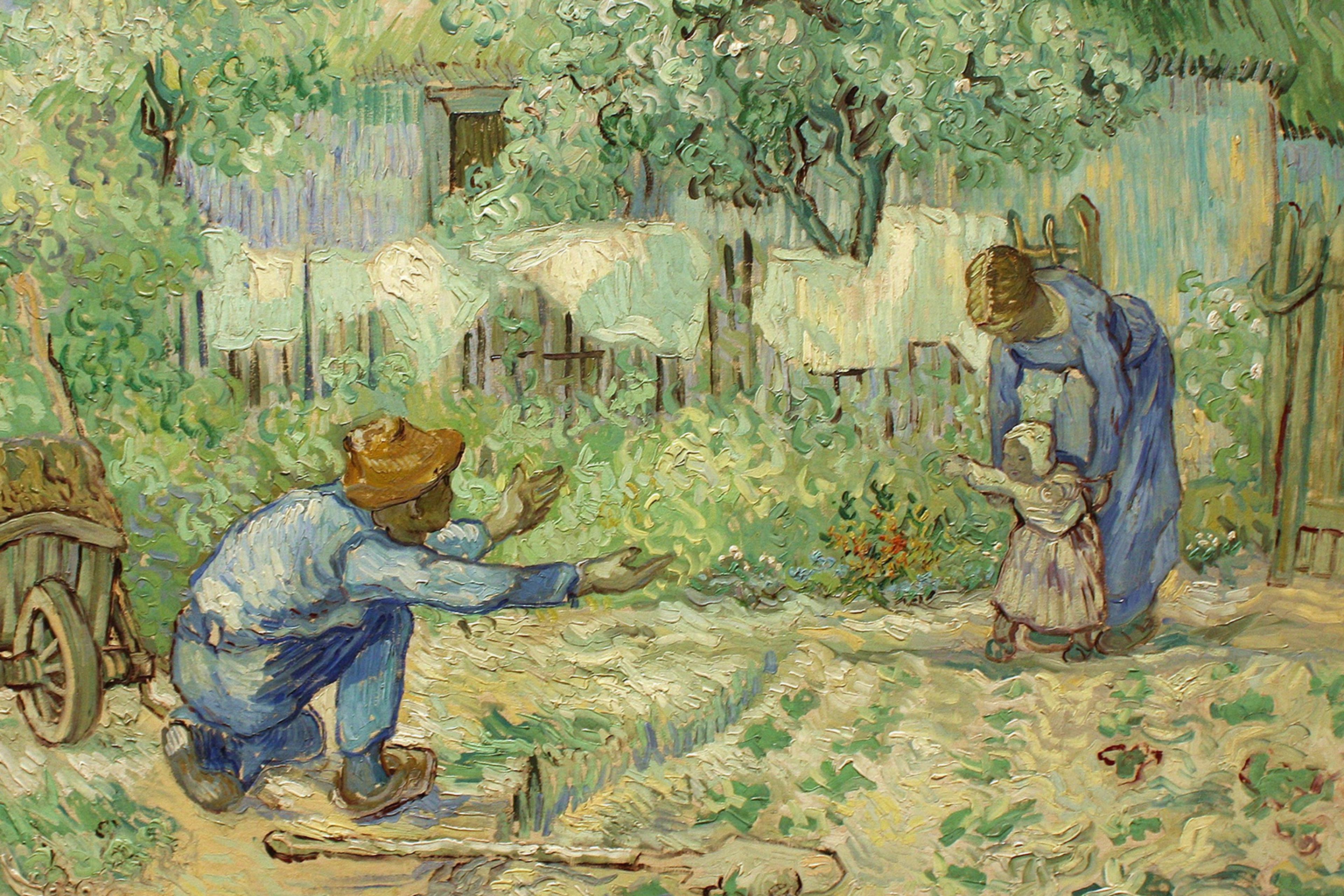 Impressionist painting of a family in a garden, with a child learning to walk, assisted by an adult, as another adult crouches down with outstretched arms.
