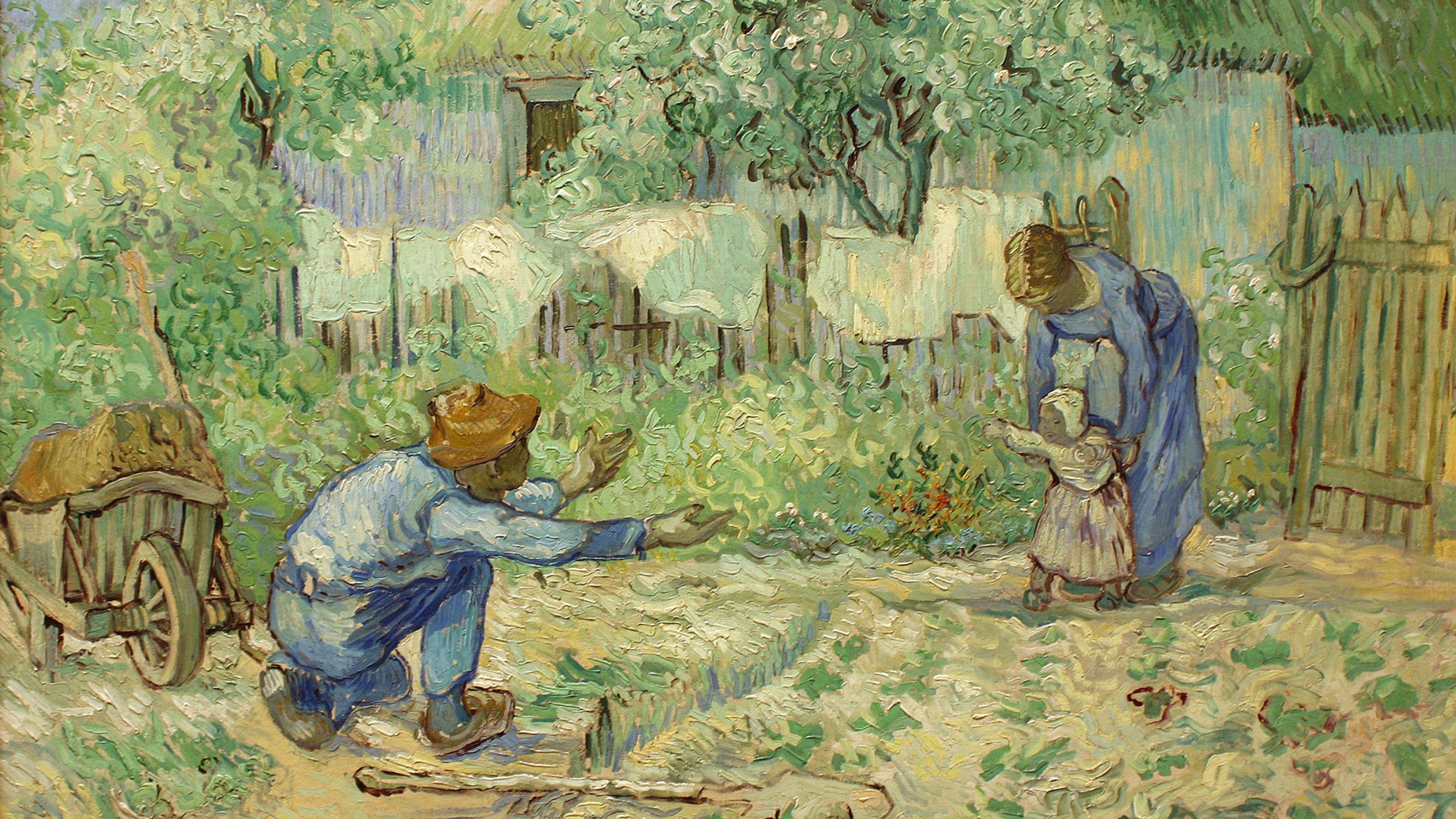 Impressionist painting of a family in a garden, with a child learning to walk, assisted by an adult, as another adult crouches down with outstretched arms.