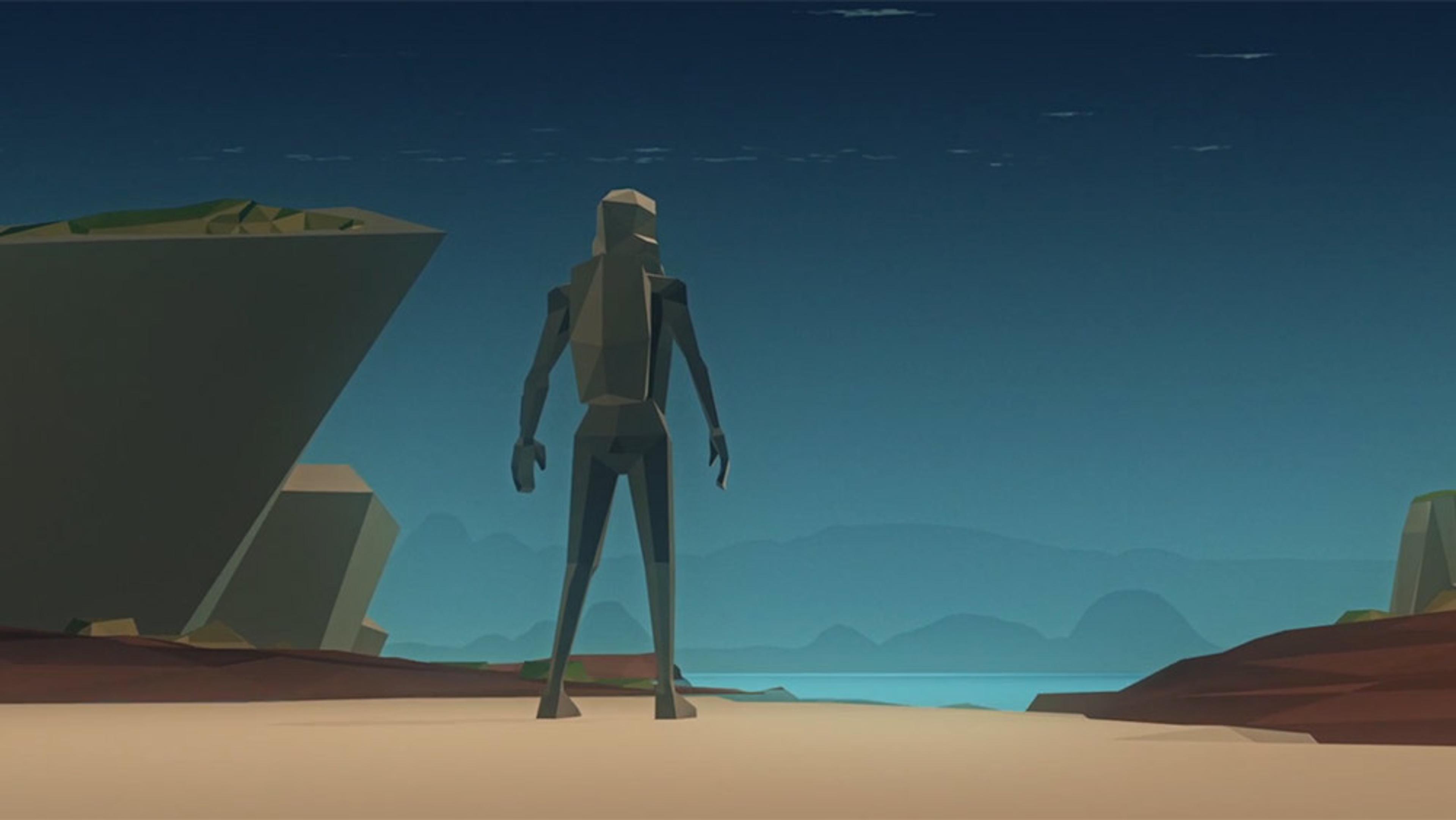 Digital illustration of a low-poly human figure standing on a beach facing the ocean and mountains under a twilight sky.
