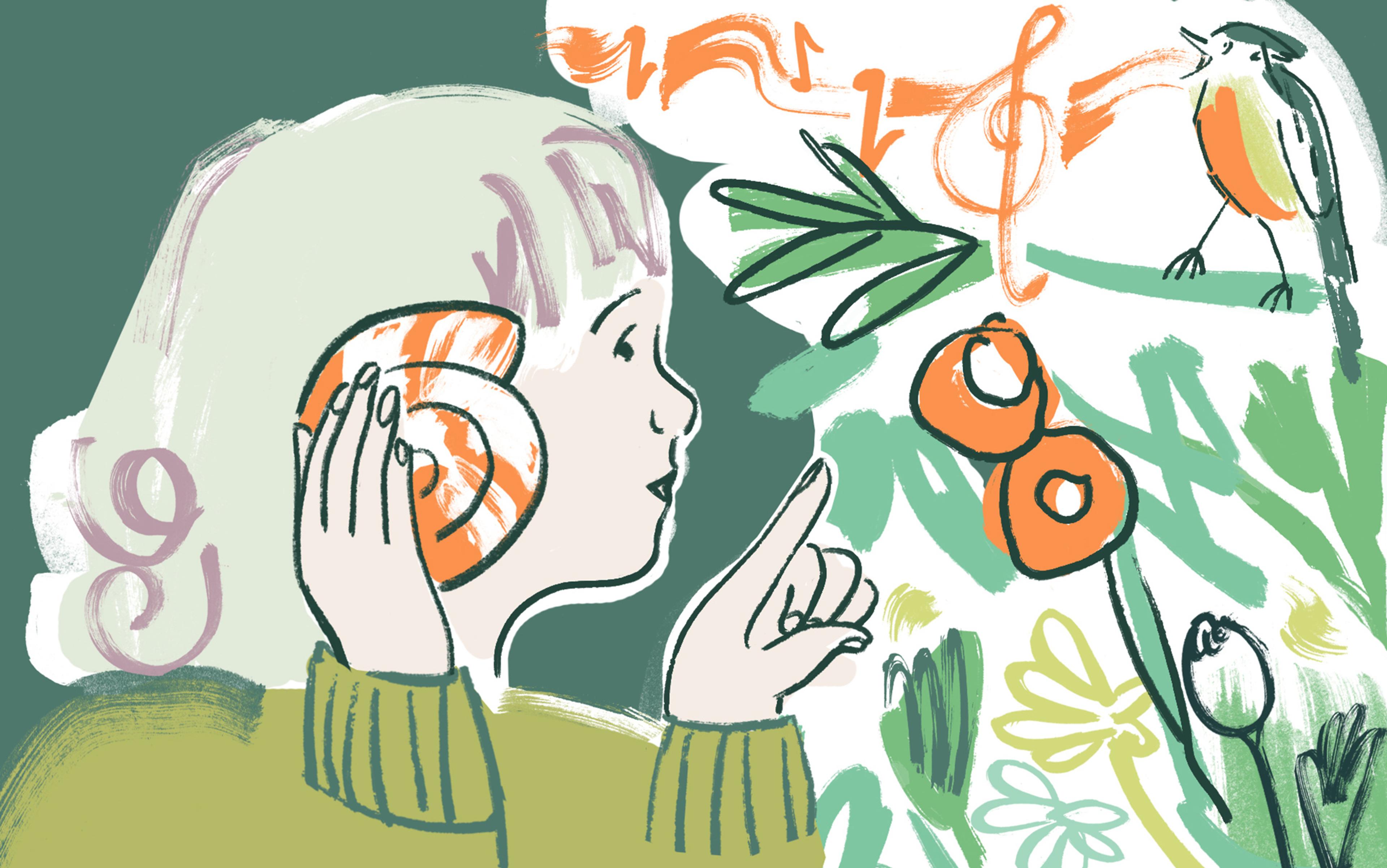 Illustration of a child holding a shell to their ear with a bird singing on a branch amidst abstract greenery and flowers.