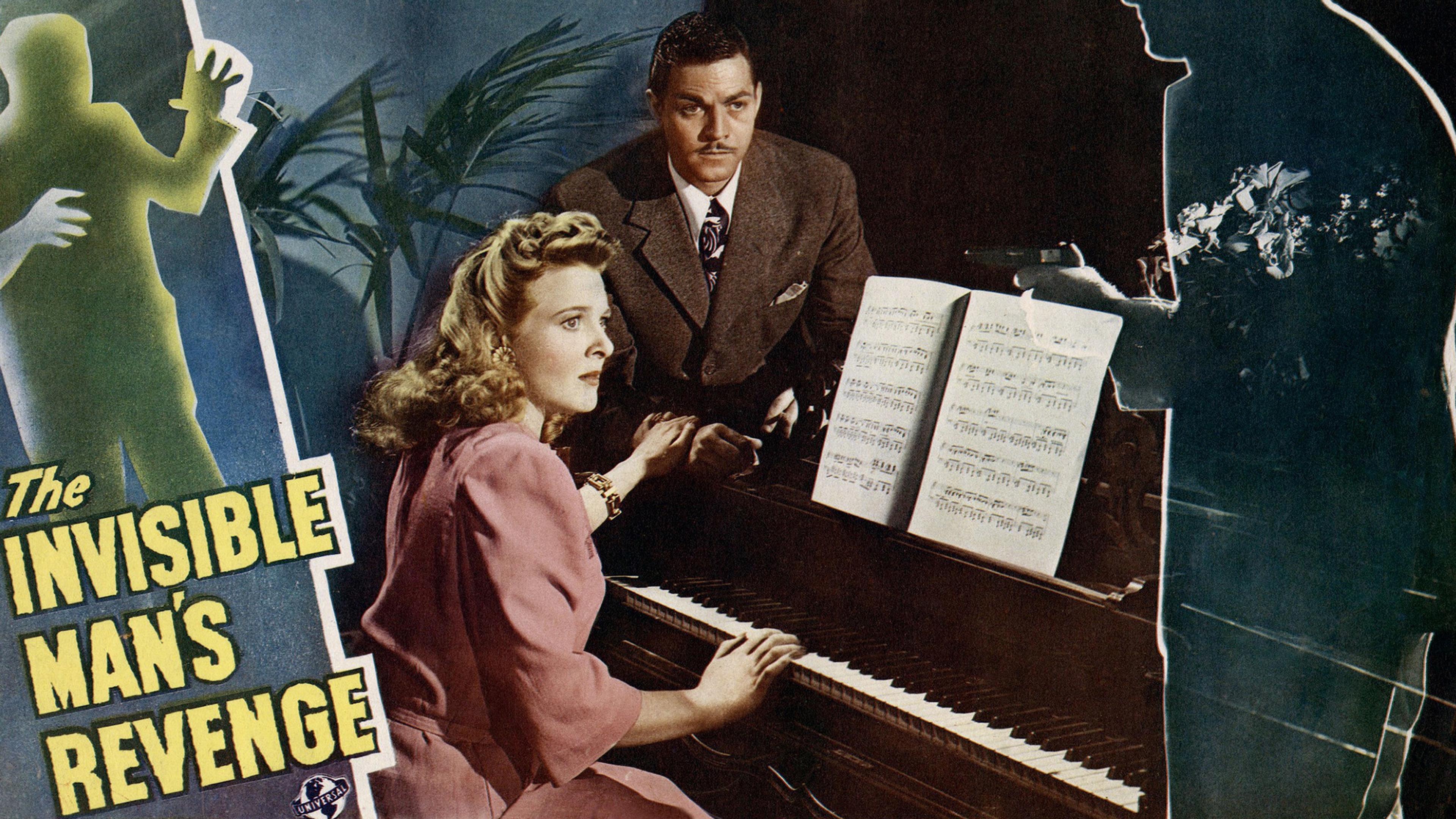 Poster of “The Invisible Man’s Revenge” showing a woman at a piano, a man in a suit and an invisible figure with a gun.