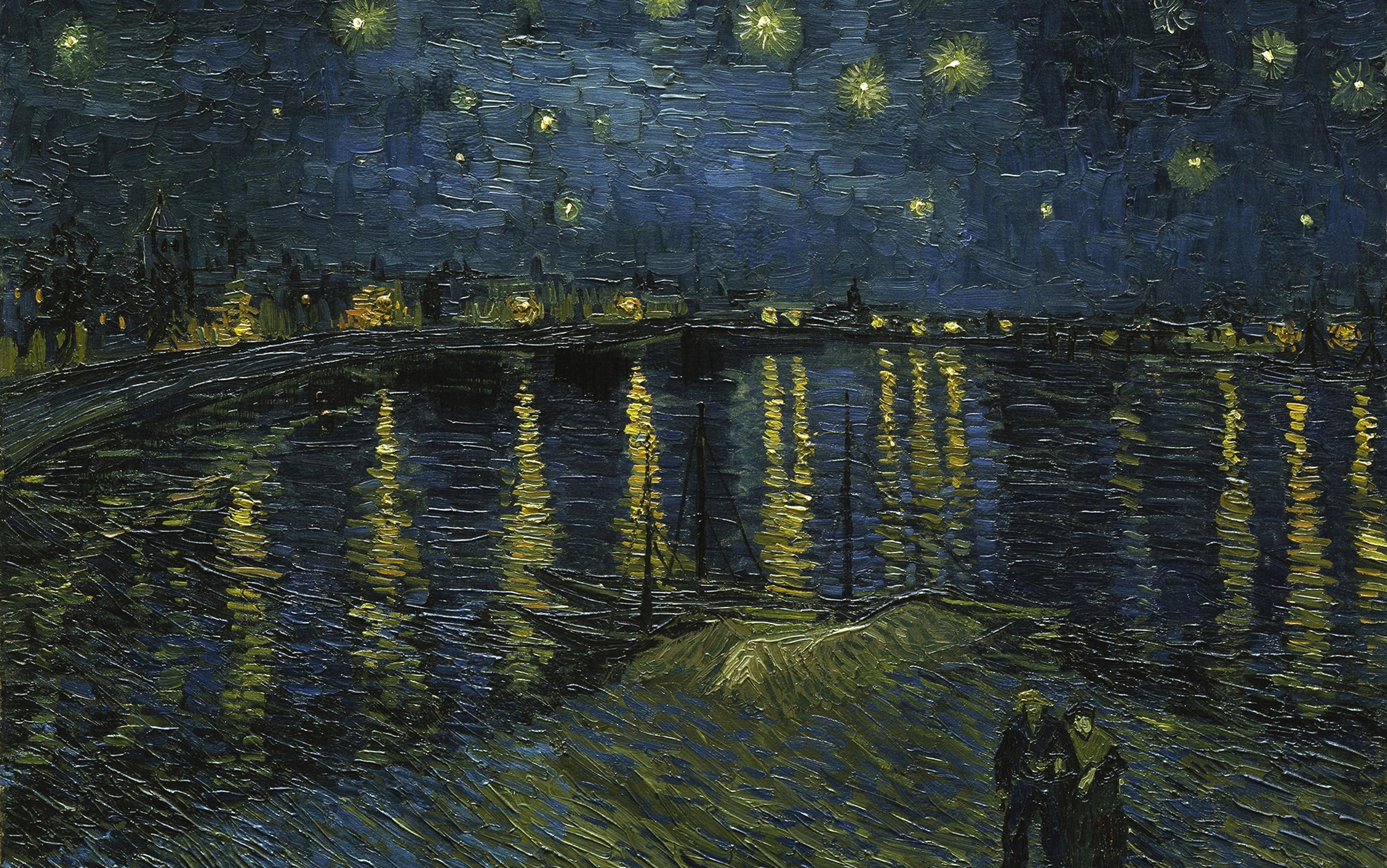 Painting of a night sky over a river with reflections of stars and city lights on the water, featuring two people on the shore.