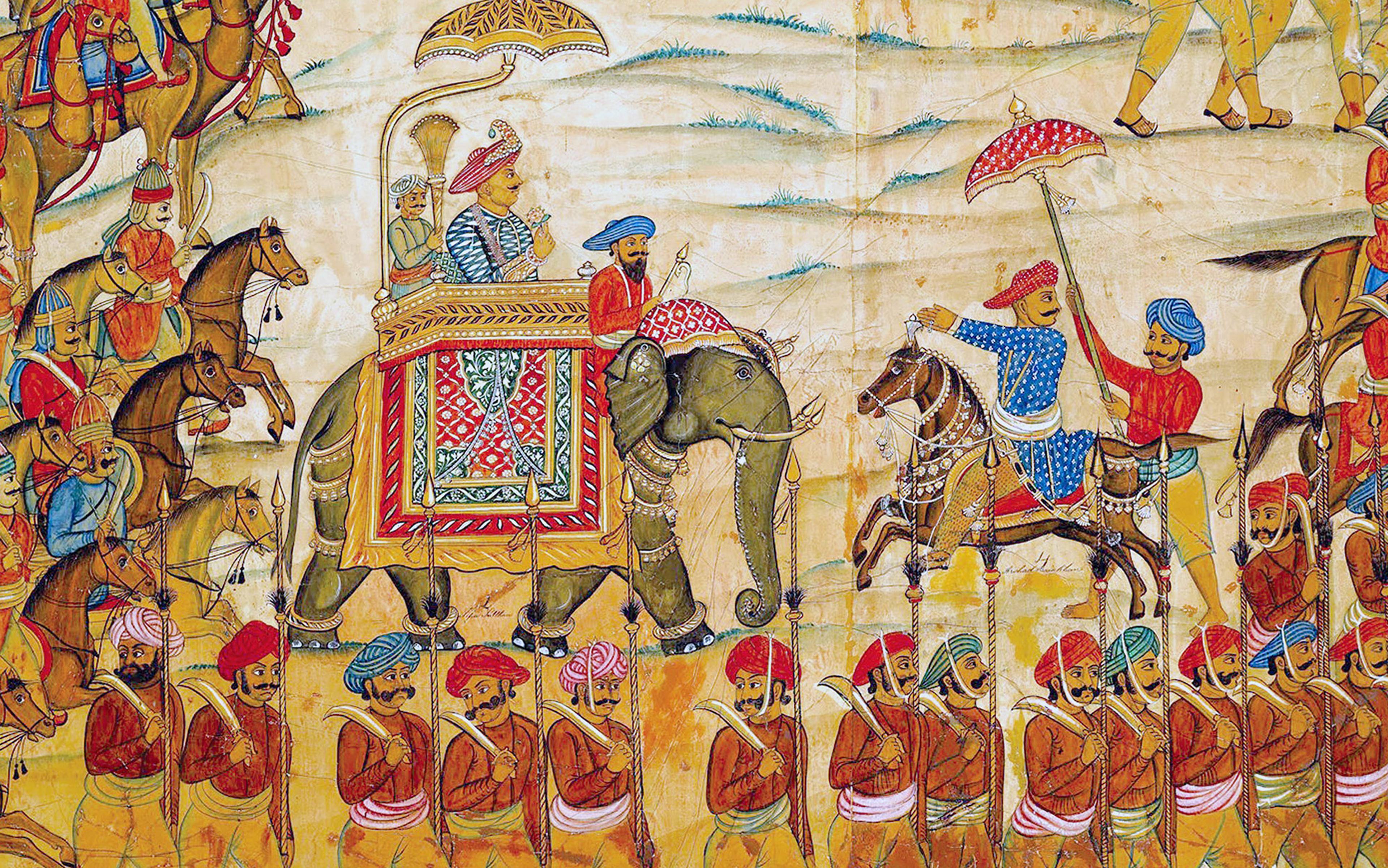 Painting of a colourful, Indian royal procession with an elephant carrying a ruler under a parasol, surrounded by soldiers and horsemen.