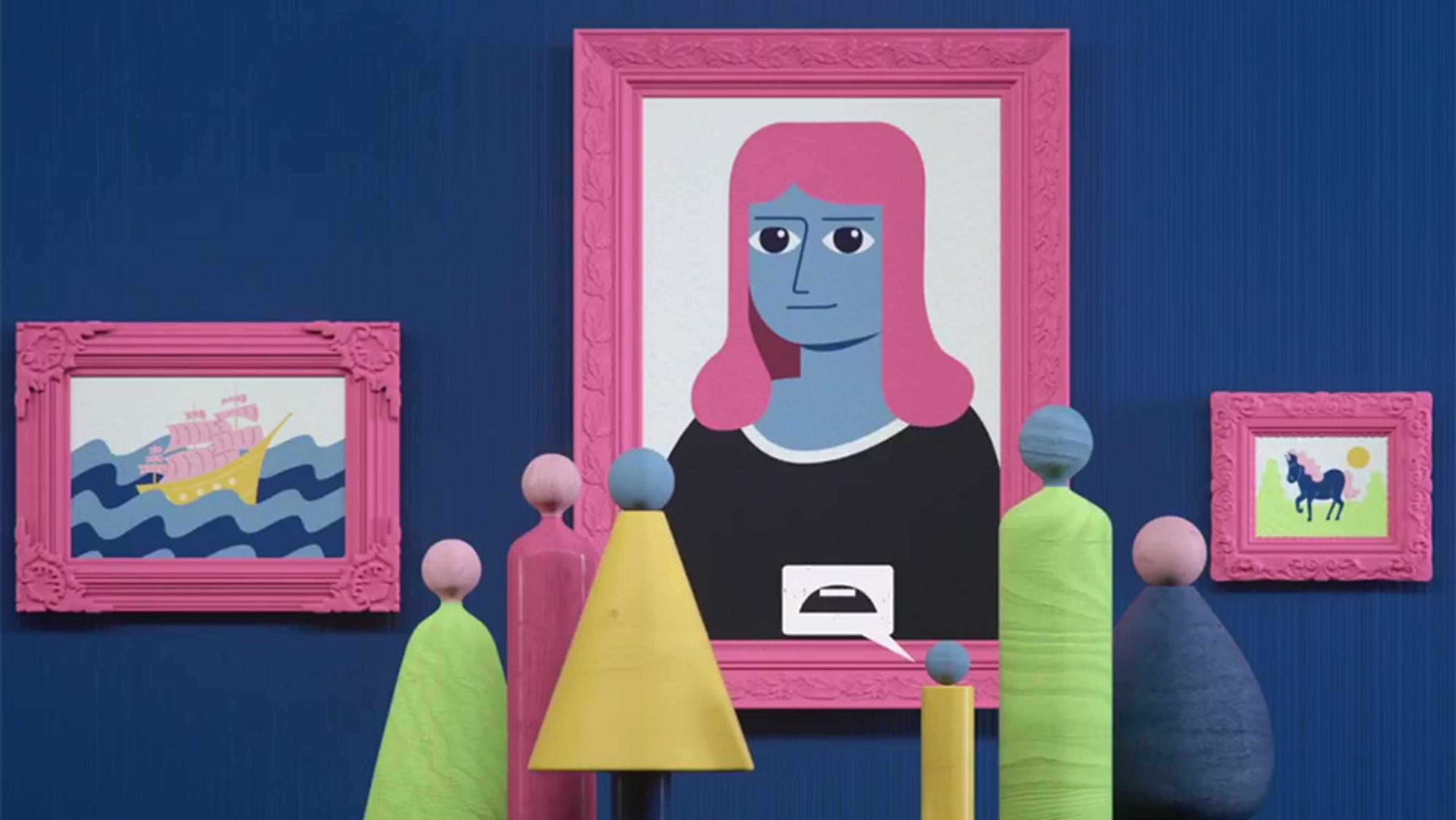 Painting of a person with pink hair in a pink frame, flanked by smaller framed paintings of a ship and unicorn, blue wall background.