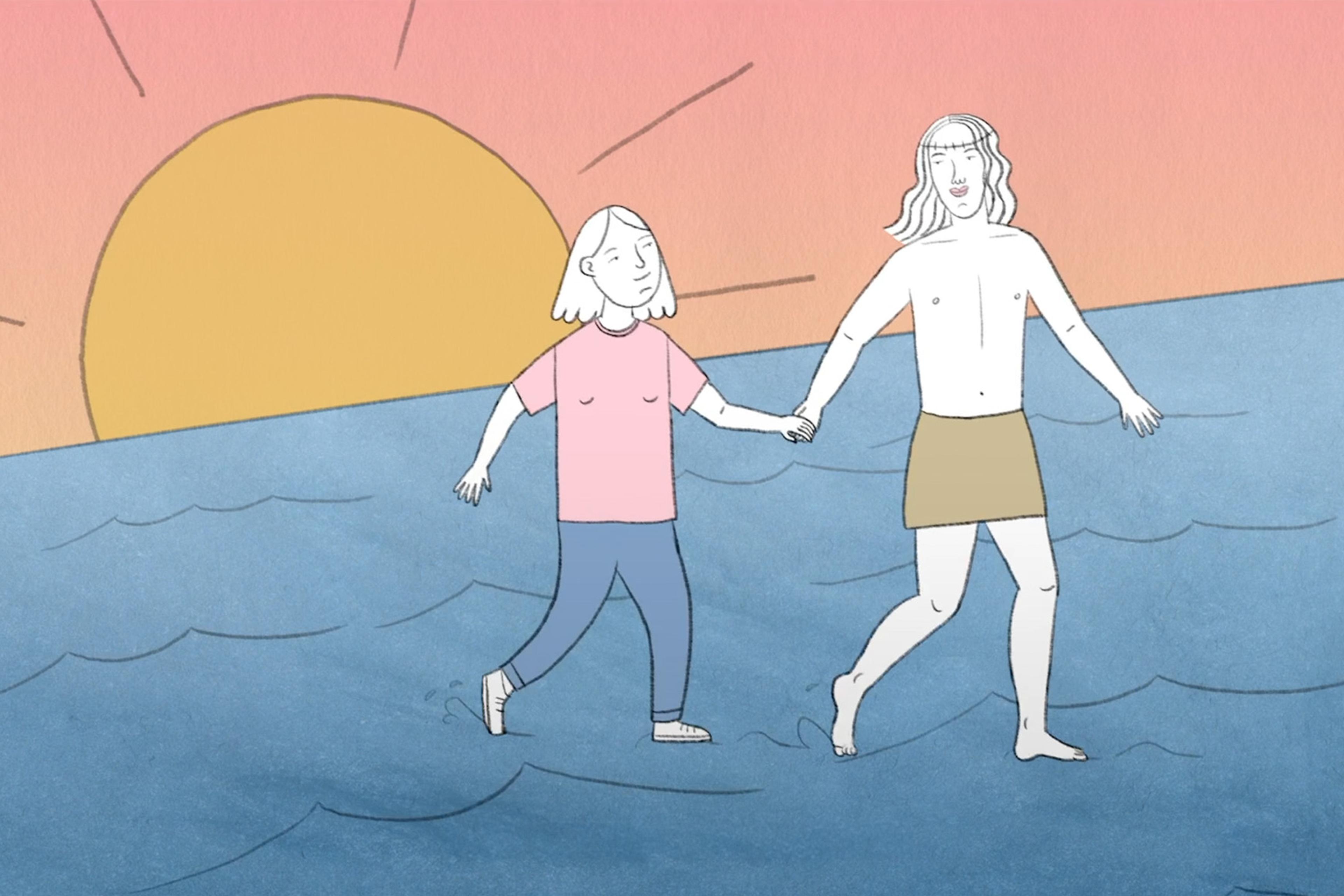 Illustration of two people holding hands while walking in the sea, with a sunset in the background. One wears a pink shirt; the other a skirt.