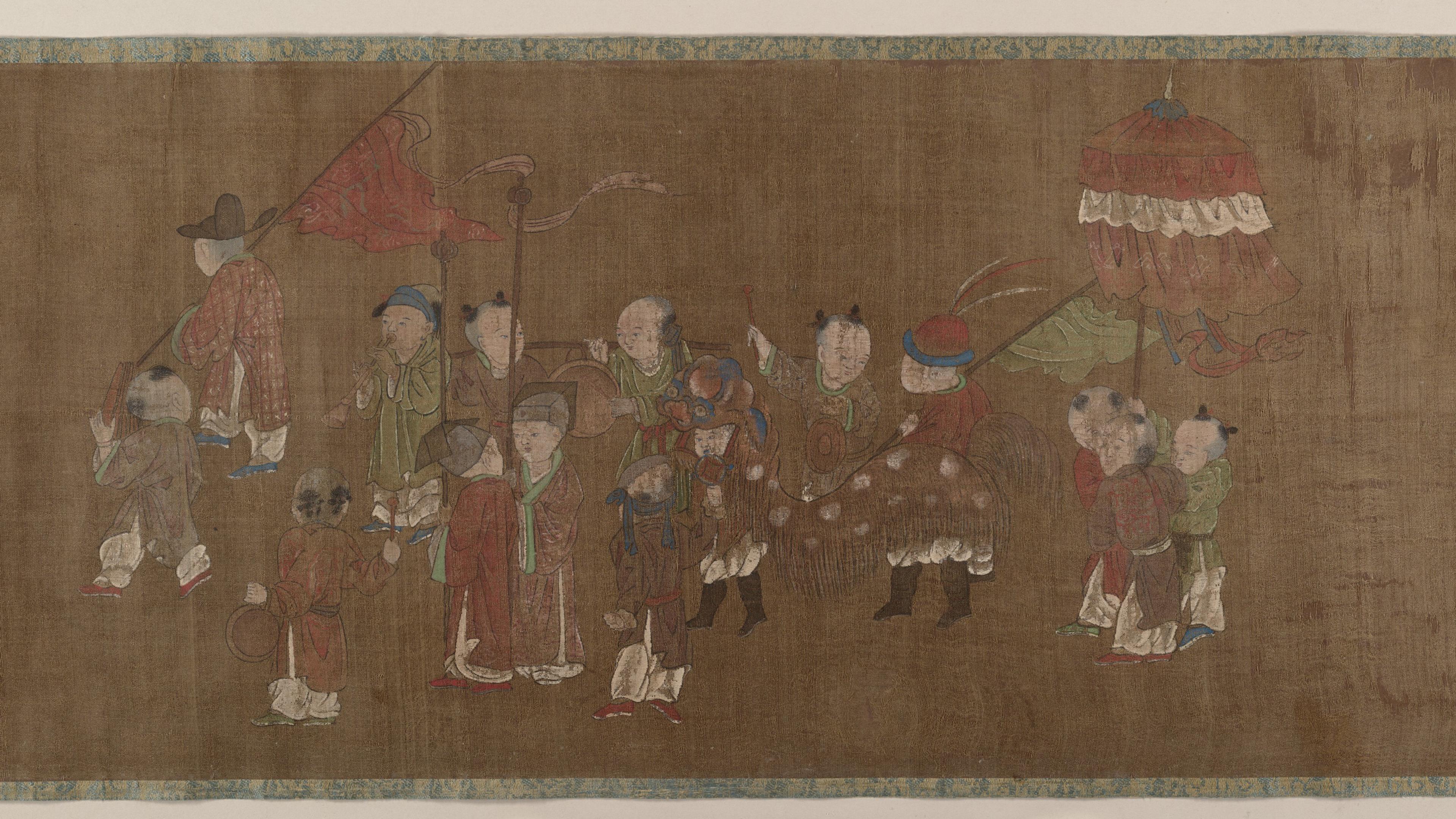 Ancient Chinese painting of a procession with figures holding banners and an umbrella on a brown scroll background.